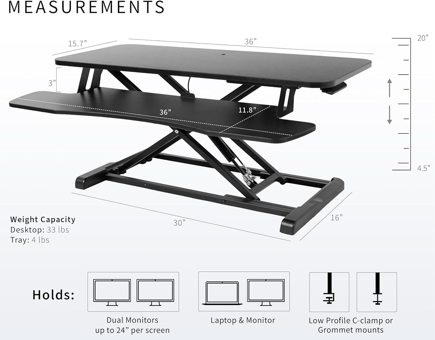 VIVO 32” Stehpult-Konverter mit höhenverstellbarem Aufsatz, Steh-Sitz-Arbeitsplatz für zwei Monitore und Laptop, mit breiter Tastaturablage, Schwarz, DESK-V000K