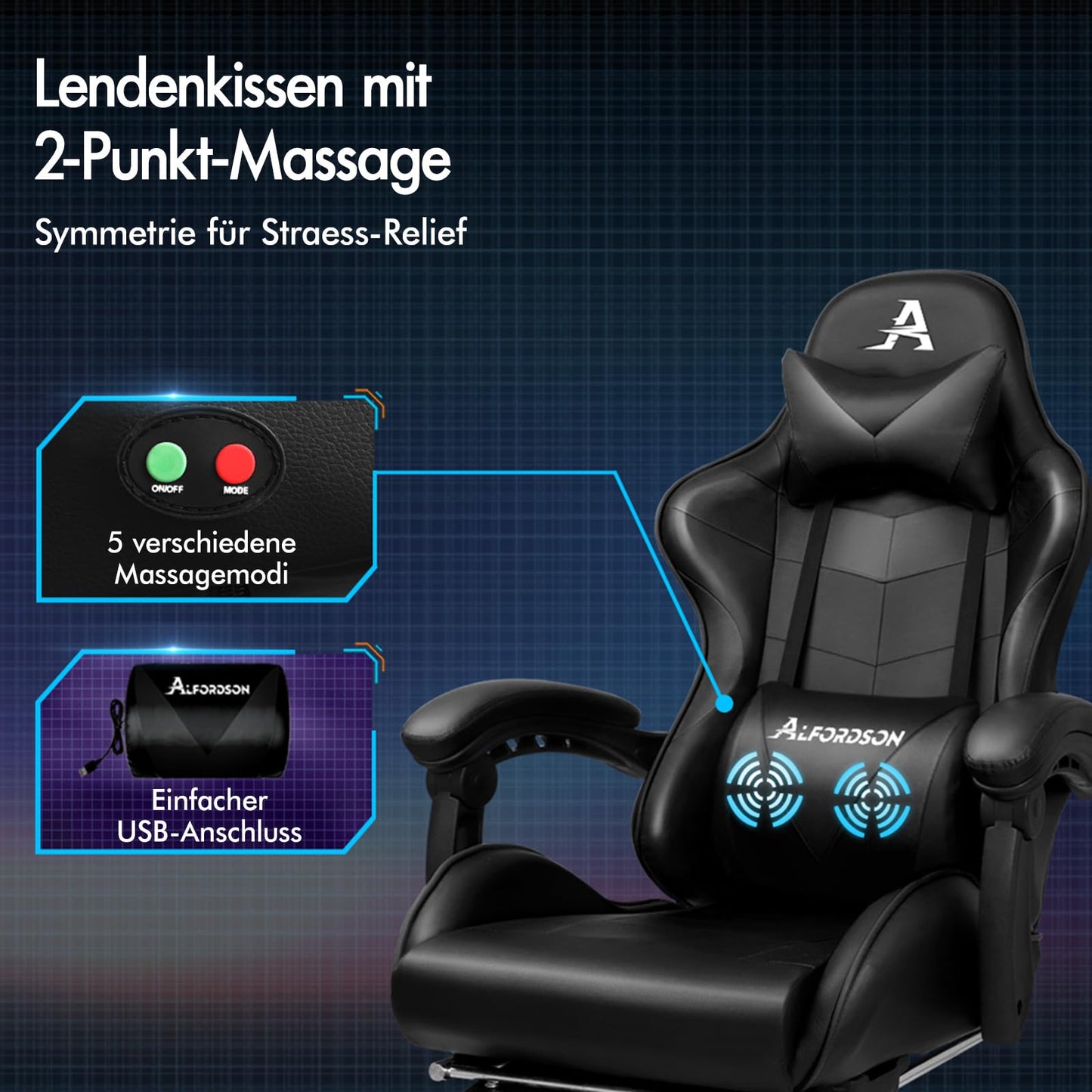 ALFORDSON Videospielstuhl, ergonomischer Bürostuhl, Massage-Rennstuhl, einziehbare Fußstütze, PU-Leder, höhenverstellbar und neigbar, 180 kg Tragkraft, Schwarz