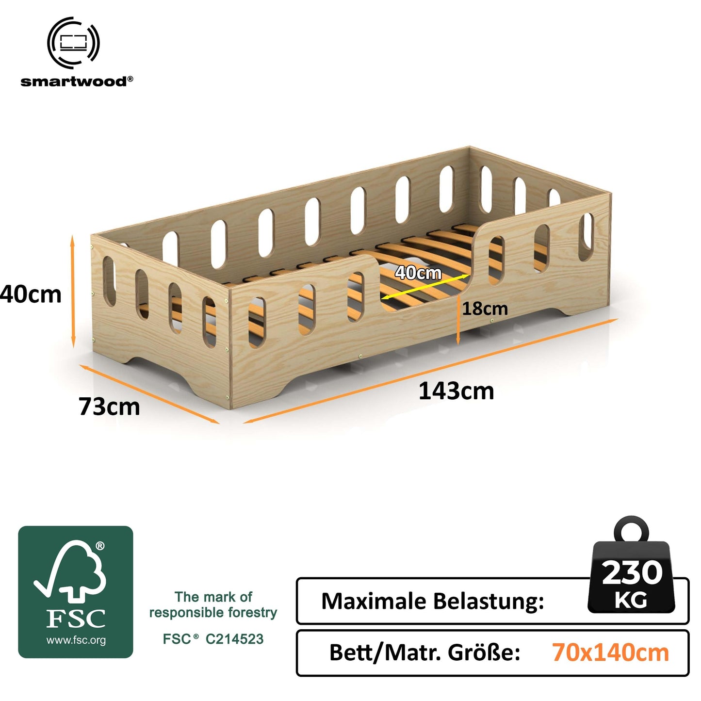 smartwood Montessori Wooden Floor Bed 60 x 120 cm Grey with FSC Certificate TILA 2 with Fall Protection and Slatted Frame Maximum Load 230 kg Easy Assembly