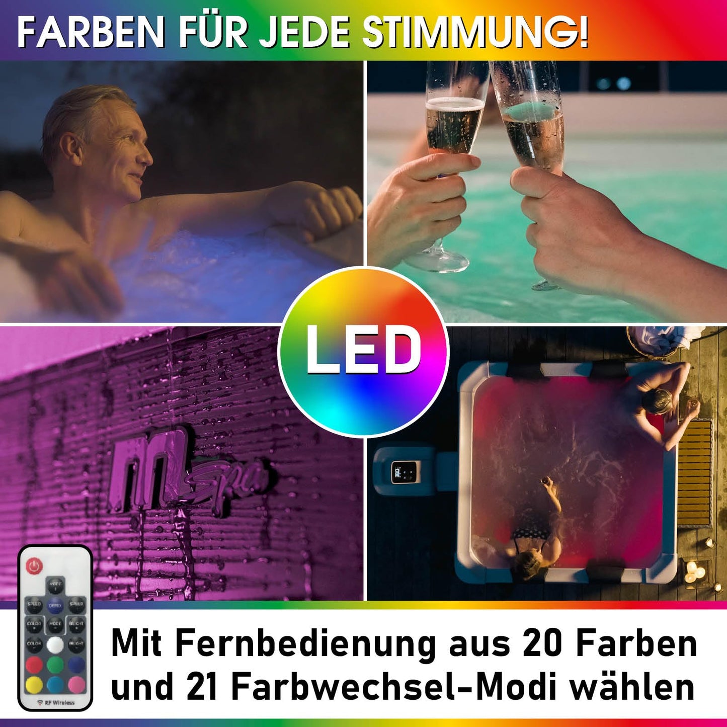 BRAST Whirlpool MSpa Oslo & Oslo Plus XXL mit Fester Außenwand | 160x160x65cm - 180x180x65cm | LED-Beleuchtung 20 Farben | 6 Personen | 120-140 Massagedüsen | Ganzjähriger Einsatz Winterfest