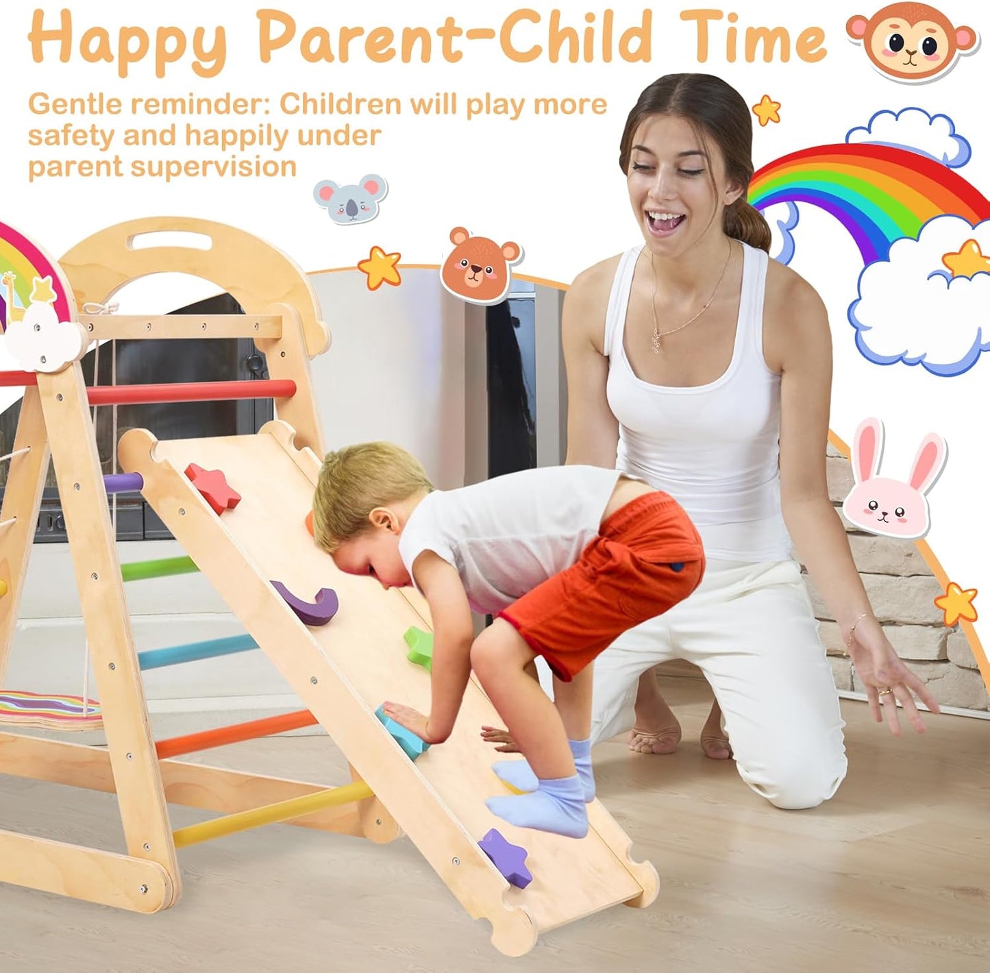 Yosamy Montessori Klettergerüst, 5 in 1 Indoor Spielplatz für Kinder, Holz Klettergerüst mit Schaukel, Bogen, Rutsche, Kletterseil