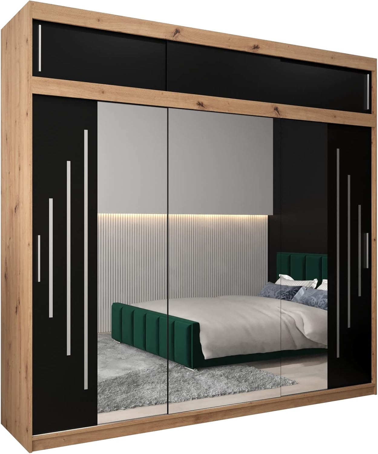 MEBLE KRYSPOL Kleiderschrank mit Spiegel York 2 - Garderobenschrank - Schrank Schlafzimmer - Mehrzweckschrank Zwei Schiebetüren - Regalen - Flur Möbel - Kleiderstange Schrank - Allzweckschrank