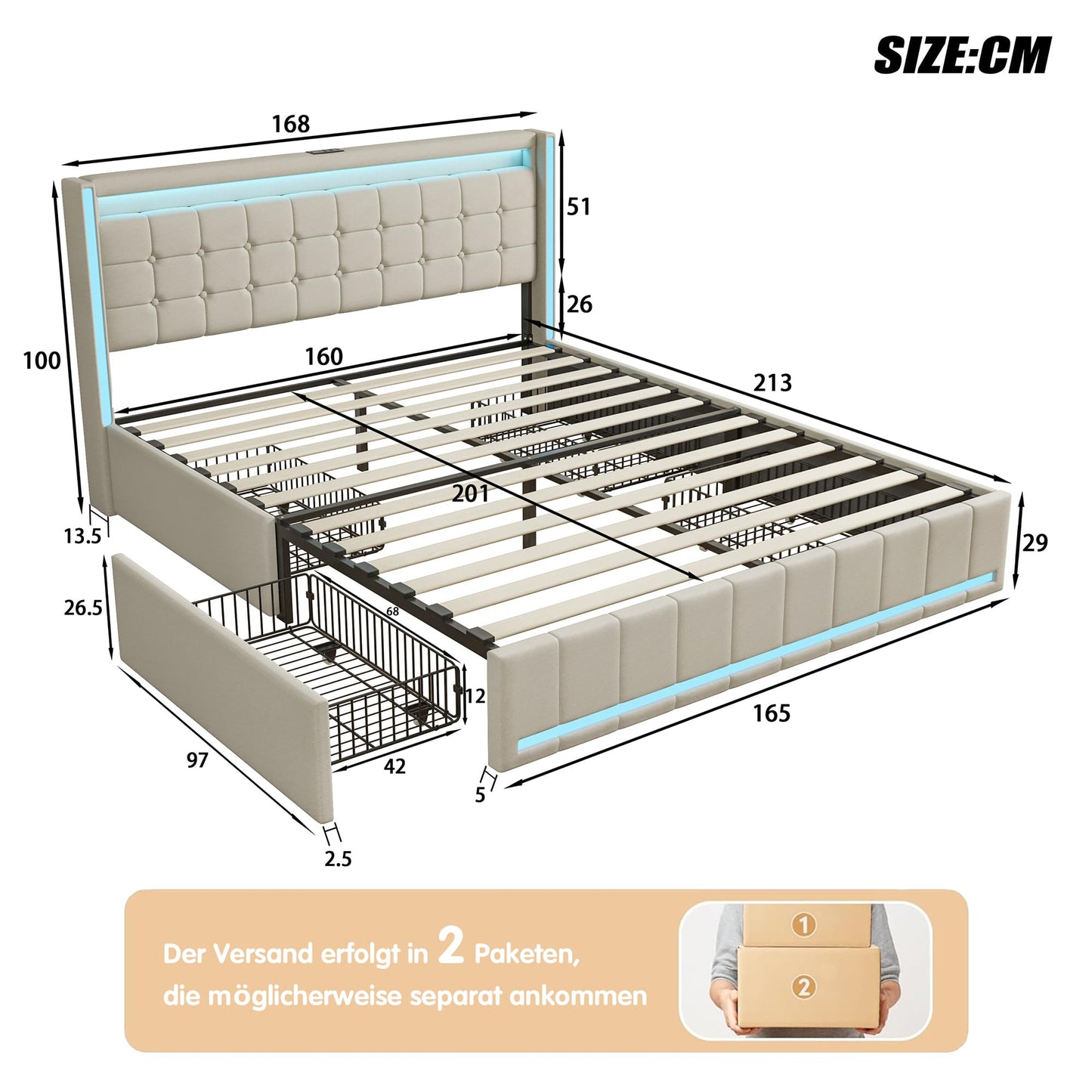 KeepGoon Doppelbett 140 x 200 cm,Polsterbett mit LED-Leuchten, 4 Eisenschubladen und einem USB Ladeanschluss,Stauraumbetten Bettgestell,Leinenstoff (Beige)