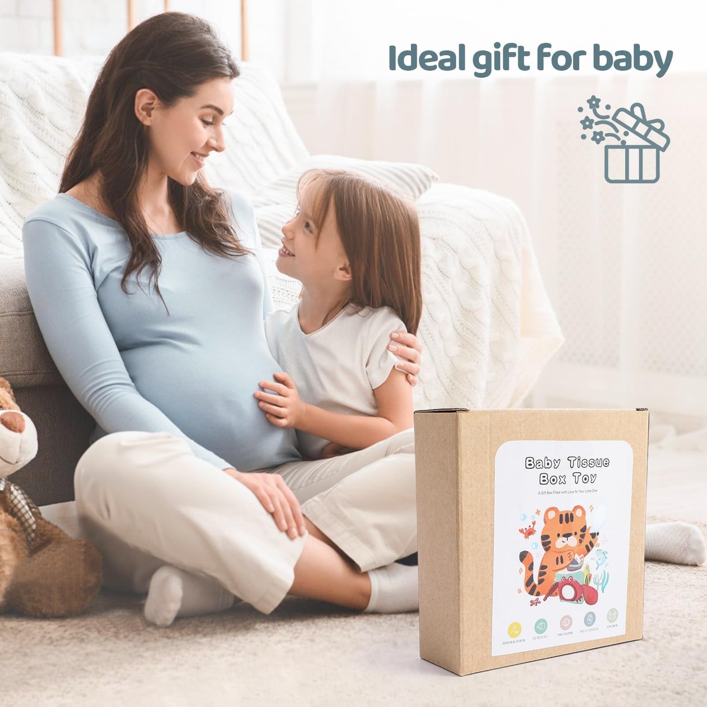 WOODEN TEETHER Tissue Box Montessori Motorikspielzeug, 6-12 Monate Sensorik Baby Spielzeug mit Spiegel, Farben, Texturen, Kinder Frühes Lernspielzeug für Jungen Mädchen Geschenke