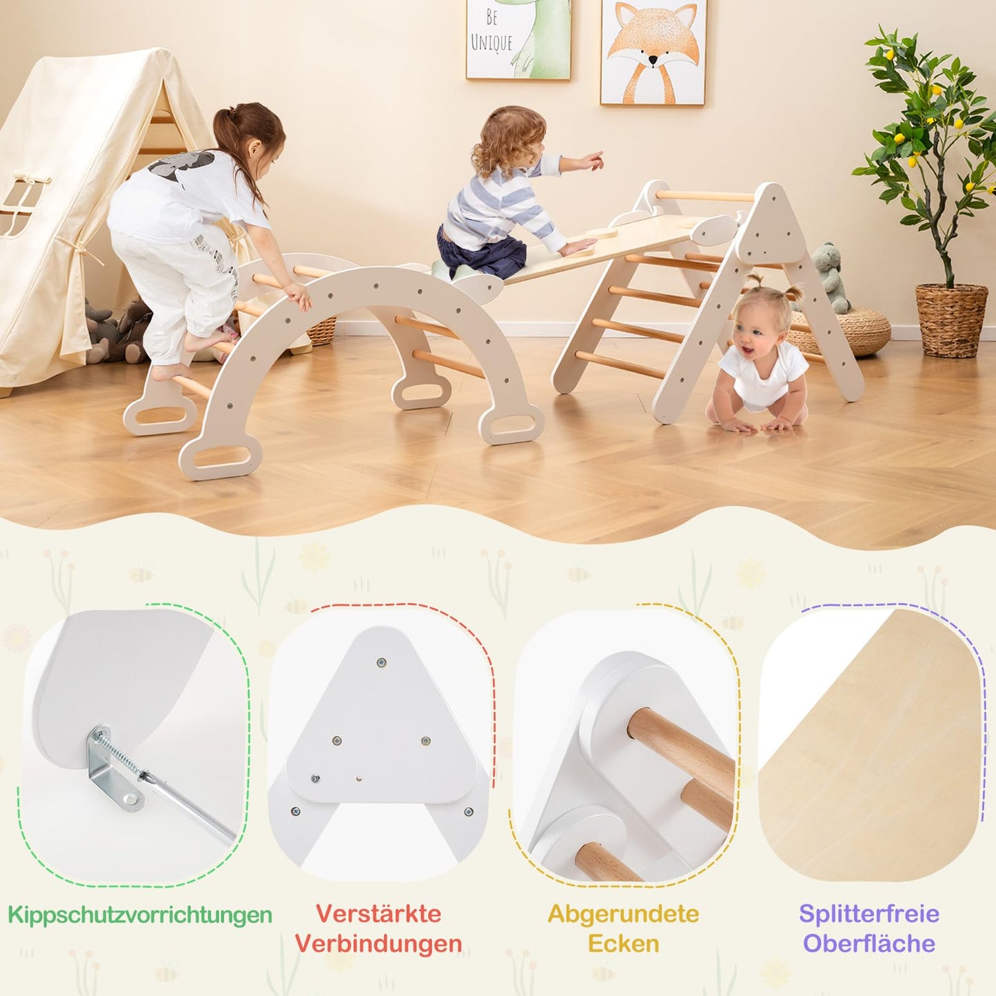 COSTWAY Kletterdreieck mit Rutsche, Kletterbogen, inkl. doppelseitige Rampe, zum Klettern, Rutschen und Wippen, 4 in 1 Klettergerüst Indoor ab 1 Jahr (Macaron bunt)