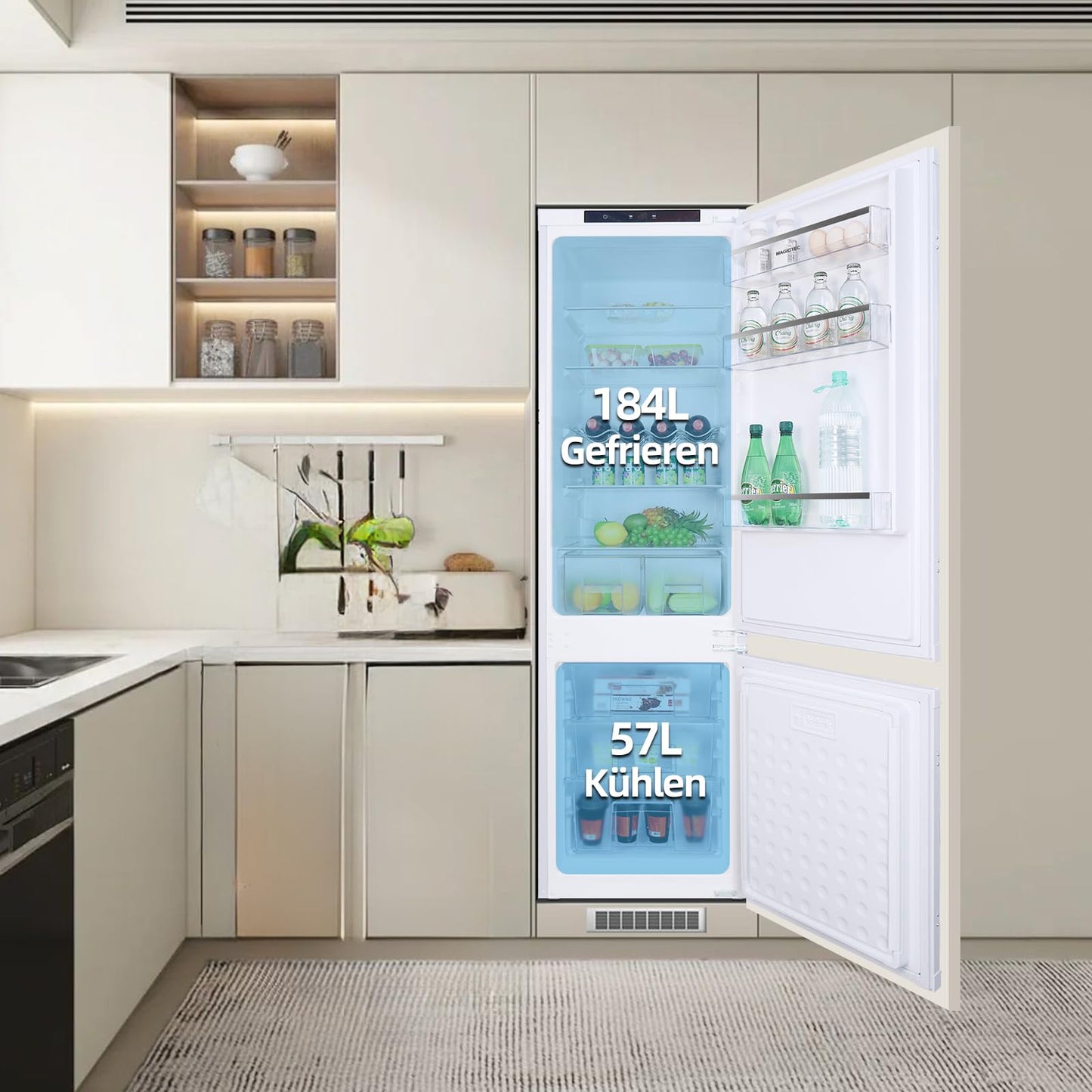 magictec Einbaukühlschrank mit Gefrierfach | 177 cm | 248L (186L/62L) | No Frost | Kühl-Gefrierkombination mit austauschbaren Türscharnieren | Inverterkompressor | Schnellkühlung | Geräuscharm
