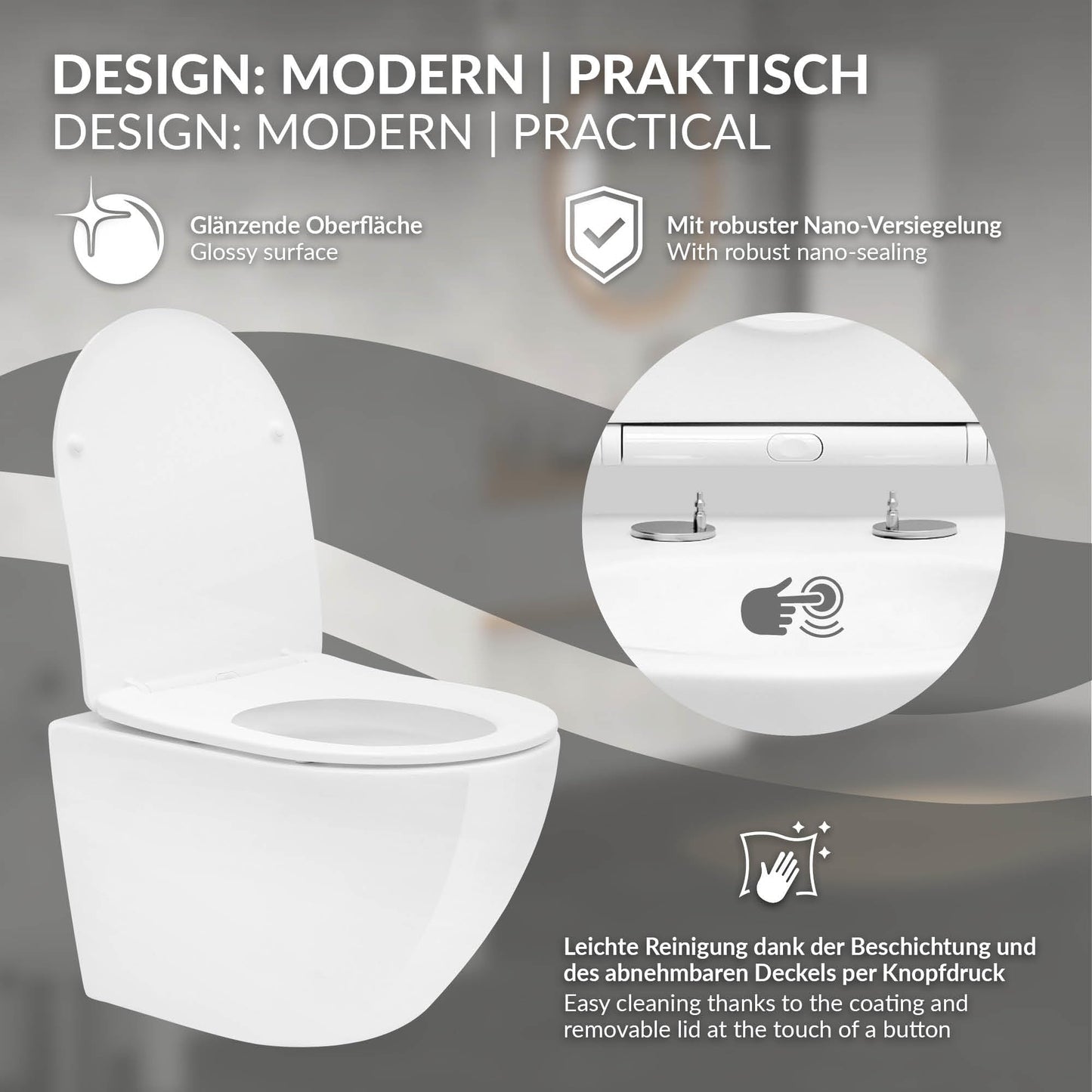 ECD Germany Rimless Wall-Mounted Toilet Ceramic White Matt with Nano Coating, Wall Toilet Long 52 cm, Removable Toilet Seat Made of Duroplast Soft Close Mechanism, Deep Washdown with Lotus Effect