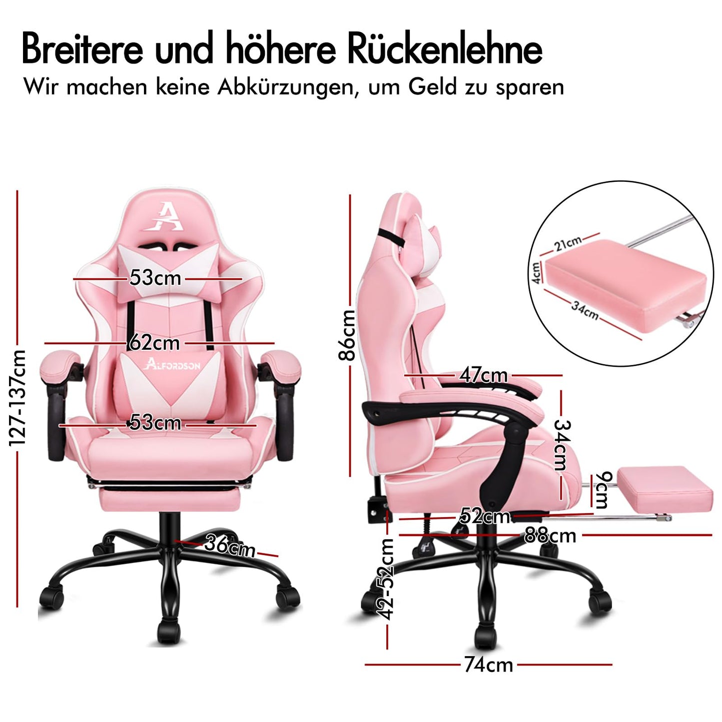 ALFORDSON Videospielstuhl, ergonomischer Bürostuhl, Massage-Rennstuhl, einziehbare Fußstütze, PU-Leder, höhenverstellbar und neigbar, 180 kg Tragkraft, Schwarz