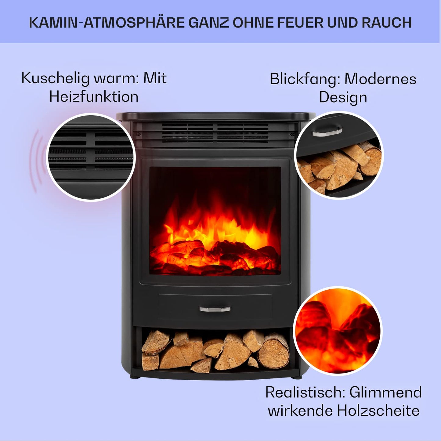 Klarstein Elektrokamin, Elektro Heizungen für Wohnzimmer & Innenräume, Elektrischer Kamin mit LED Flammen, mit Fernbedienung, Heizlüfter mit Timer, Einstellbarer Thermostat, Heizung 1900 W