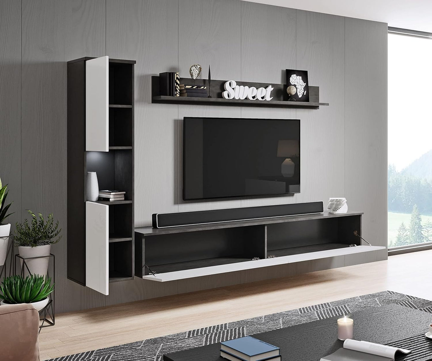 MINIO go for it - Parma XL Wall Unit, 4-Piece Set, with LED Lighting, Hanging or Standing, 2 x Highboard, Lowboard, Wall Board, Laminated Chipboard, Colour: Wotan Oak