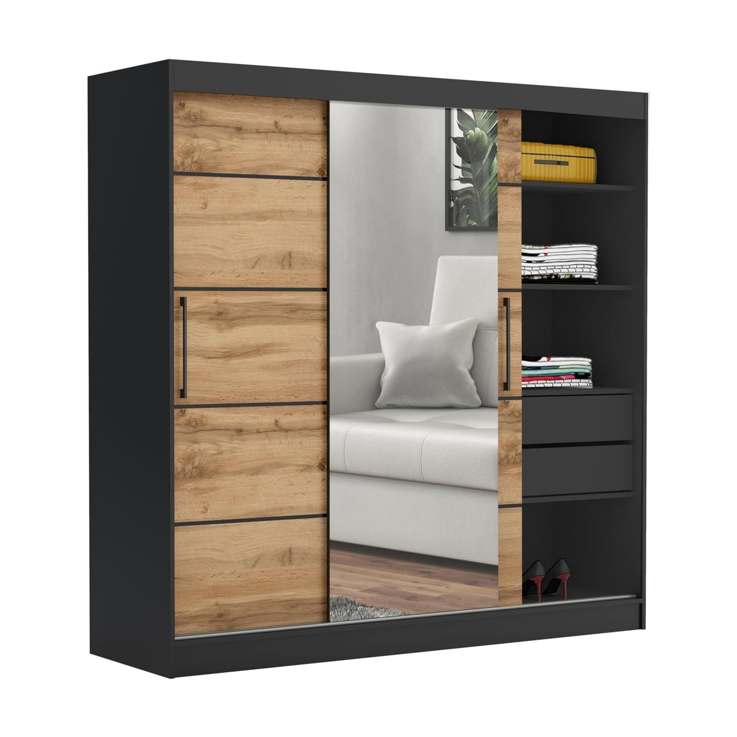 Brent - Kleiderschrank mit Spiegel und Schubladen 200cm Breit Chelsea Tomy, Schwebetürenschrank mit Spiegel, Schlafzimmerschrank, Kleiderschrank Schwarz/Wotan Eiche