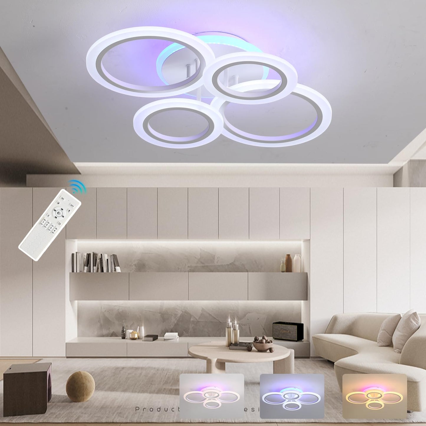 ZAITINZ Led Deckenleuchte,Wohnzimmerlampe 80W,Deckenleuchte Dimmbar mit fernbedienung 3000-6000K,5 Quadratische Deckenlampe Led,Moderne Deckenleuchten für Wohnzimmer,Schlafzimmer,Küche,Flur,Chrom
