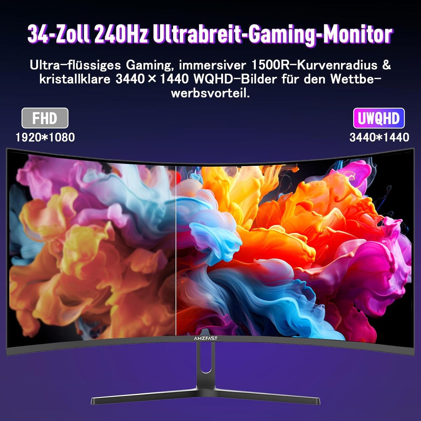 Amzfast 32 Zoll Curved Gaming Monitor (240Hz, 1920x1080, 1ms MPRT, 1500R), Adaptive-Sync, 90% DCI-P3, 120% sRGB, 300cd/m², HDMI 2.0 & DisplayPort 1.4 (AMZG32C3F)