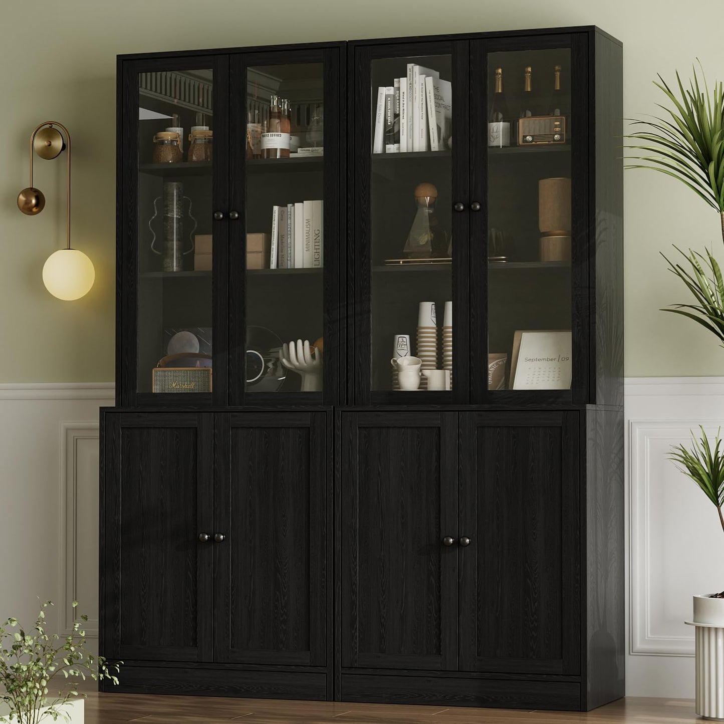 VOWNER 4PSC Large TV Cabinet with Bookshelves for TVs up to 75 Inches, 280 cm Long TV Stand with Tempered Glass Doors and Shelves, TV Cabinet for Living Room, Black (2B+2C)