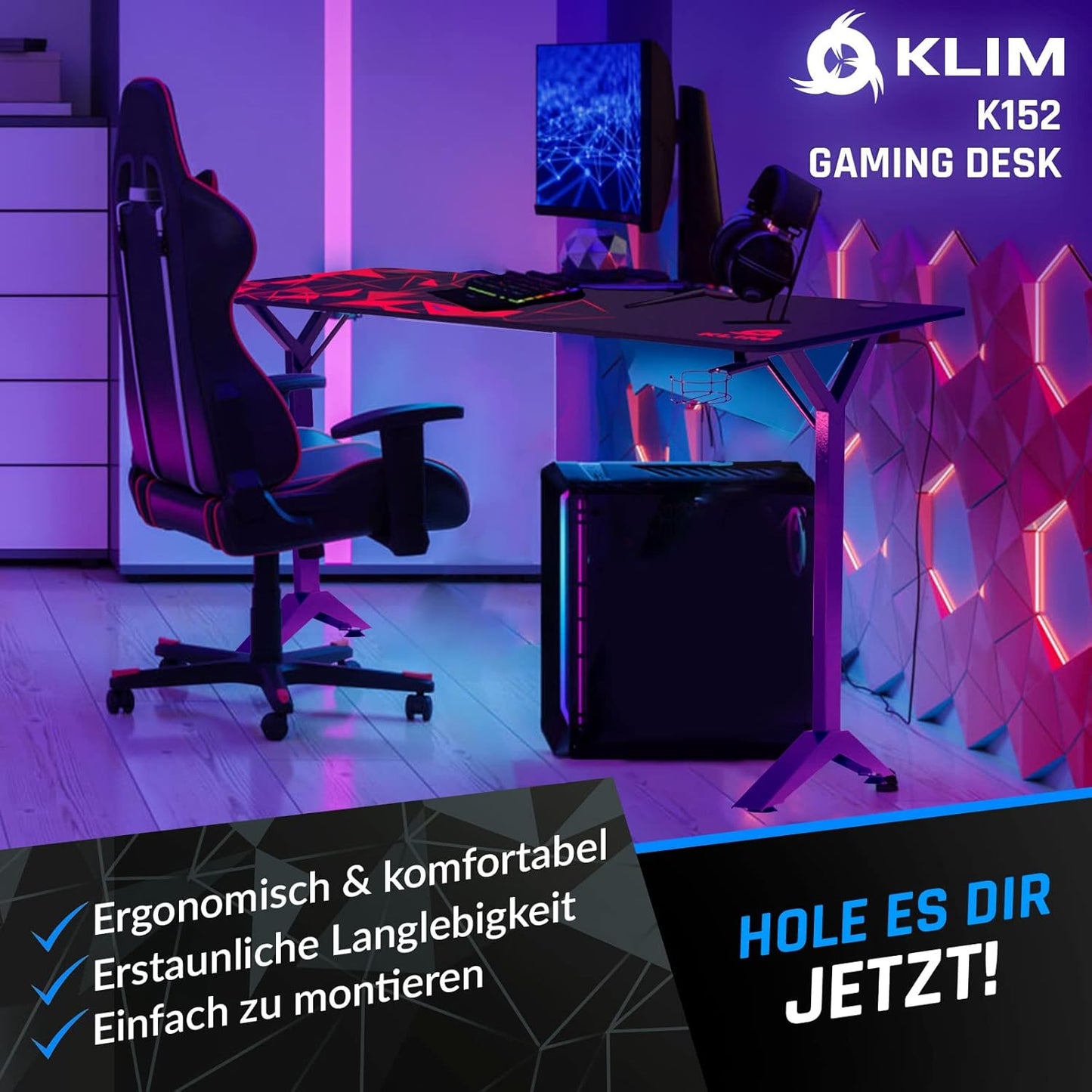 KLIM NEU K152 Gaming Tisch - 152 cm Gaming Schreibtisch, Getränkehalter, Headset Haken - Stabiler Computerschreibtisch aus Metall und Holz - Für Gaming und Büro - 20 Jahre Schutz