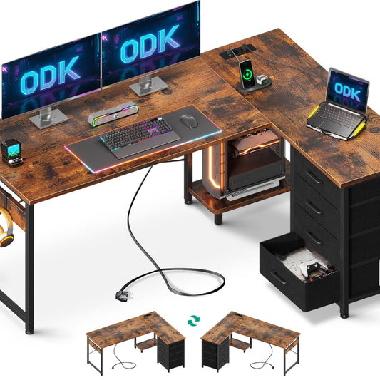 ODK Corner Desk with 4 Drawers, 135 x 100 cm, L Shape Desk with Socket and USB Charging Port, Reversible Desk with Storage Space for Home Office and Gaming, Black