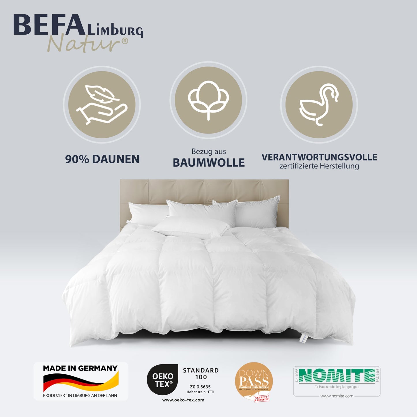 BEFA NATUR Down Duvet, Made in Germany, 135 x 200 cm, 90% Down and 10% Feathers, Summer Duvet, Suitable for Allergy Sufferers (Nomite), Oeko-Tex 100 Class 1 Certified, EN Standard 12934, Downpass
