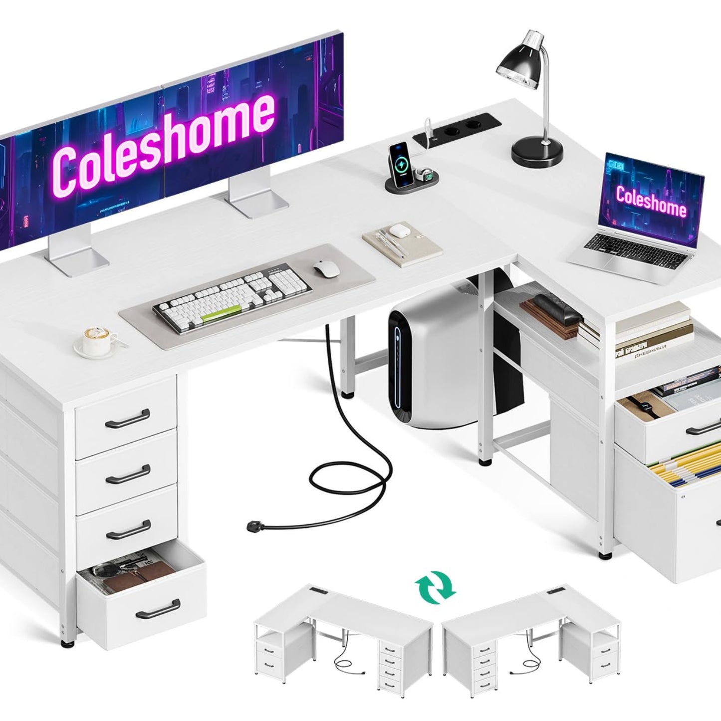 Coleshome Desk with Fabric Drawers, Reversible Desk L Shape with Filing Drawer, Corner Desk with USB Charging Port and Socket, Home Office Desks (White, 140 x 70 cm)