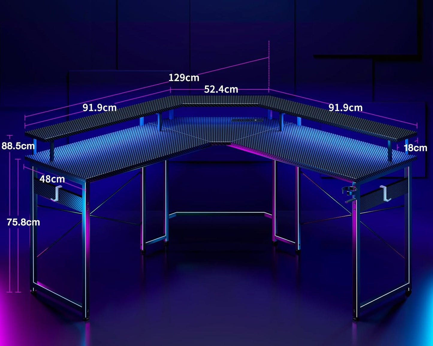 ODK Gaming Tisch mit LED, Gaming Schreibtisch mit 2 Steckdosen und 2 USB Ladeanschluss, PC Tisch Gaming mit großzügiger Monitorablage, Gamer Schreibtisch in Kohlefaser Weiß, 129x129 cm