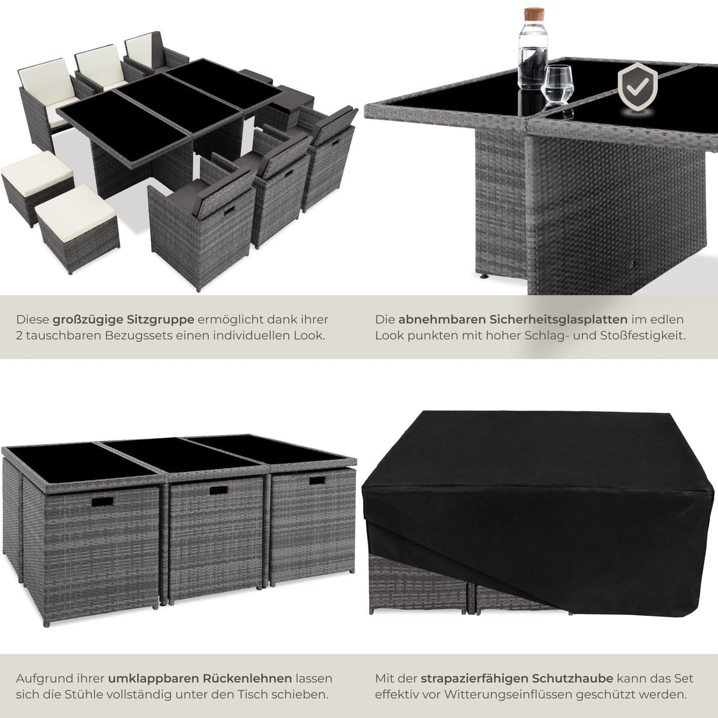 tectake Polyrattan Gartenmöbel Set, Sitzgruppe mit 6 Stühle +1 Glasplatte Tisch + 4 Hocker, Gartenlounge Set klappbar, für bis zu 10 Personen, Balkon Möbel, inkl. 2 Bezugsset - Natur