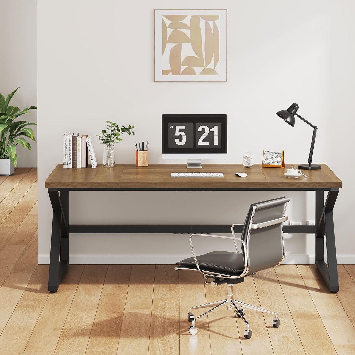IBF Desk in Brown Colour with a Length of 70 Inches, Industrial Large Double Metal and Wood Desk for Computer, Long Office Table for Home