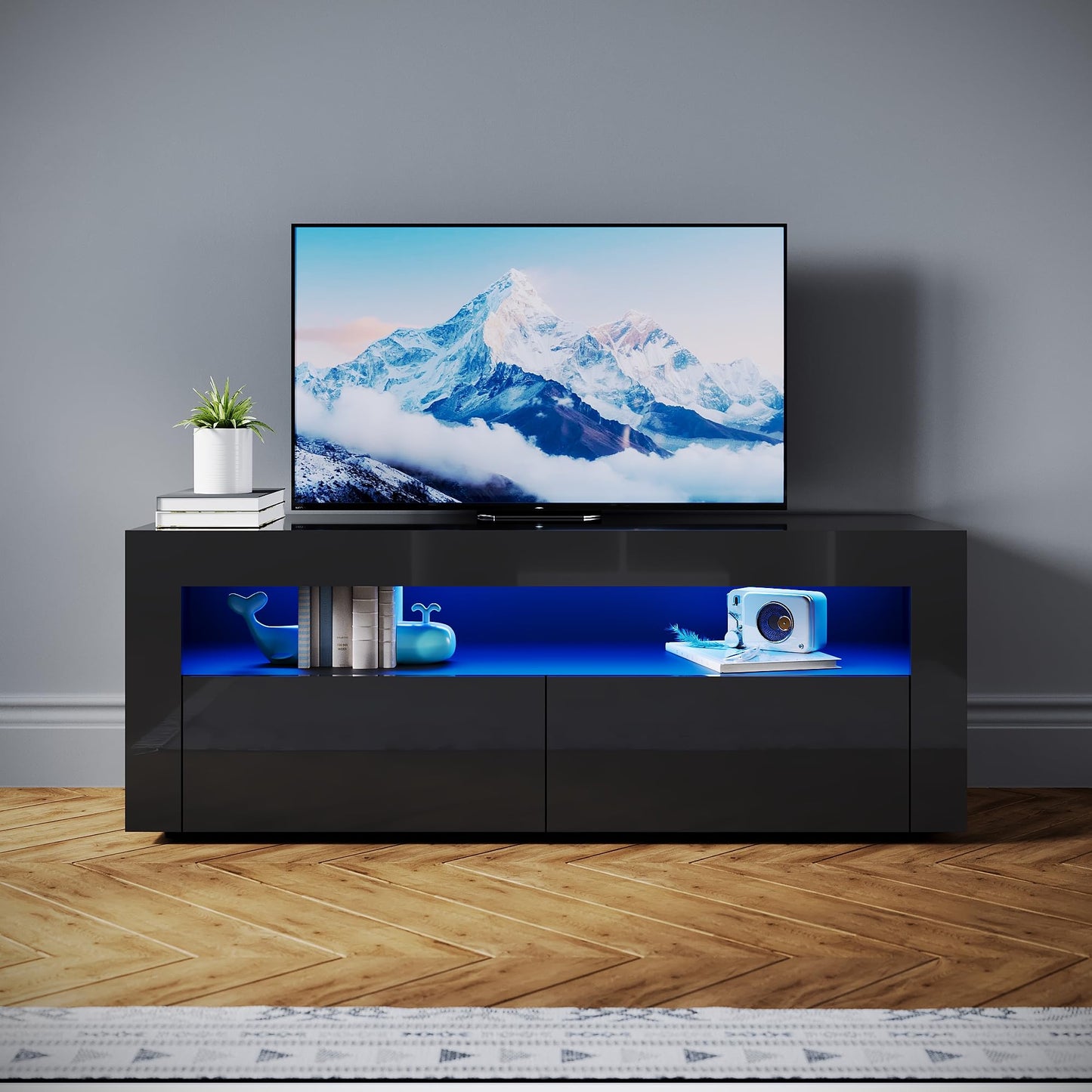 SONNI Modern TV Cabinet 180 cm, Lowboard High Gloss White with 16 Colours LED Lighting, Drawer, Open Glass Shelves, TV Stand for TVs up to 65 Inches, Living Room & Bedroom, 180 x 35 x 45 cm