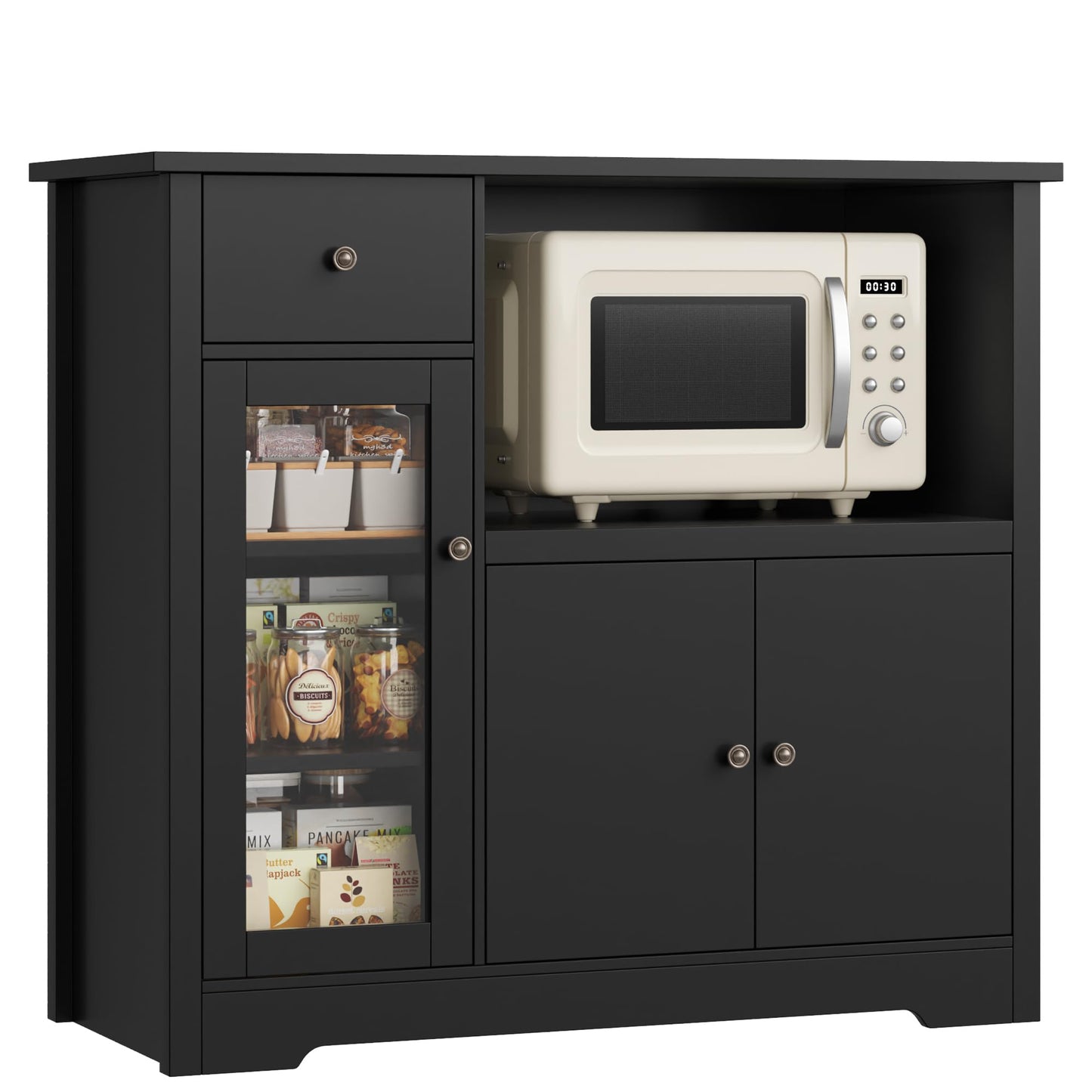 HOCSOK Kitchen Cabinet with Worktop, Sideboard Kitchen with Microwave Shelf, Buffet Cabinet with 1 Drawer, 3 Doors, Adjustable Shelves, for Kitchen, Dining Room, Living Room, Black