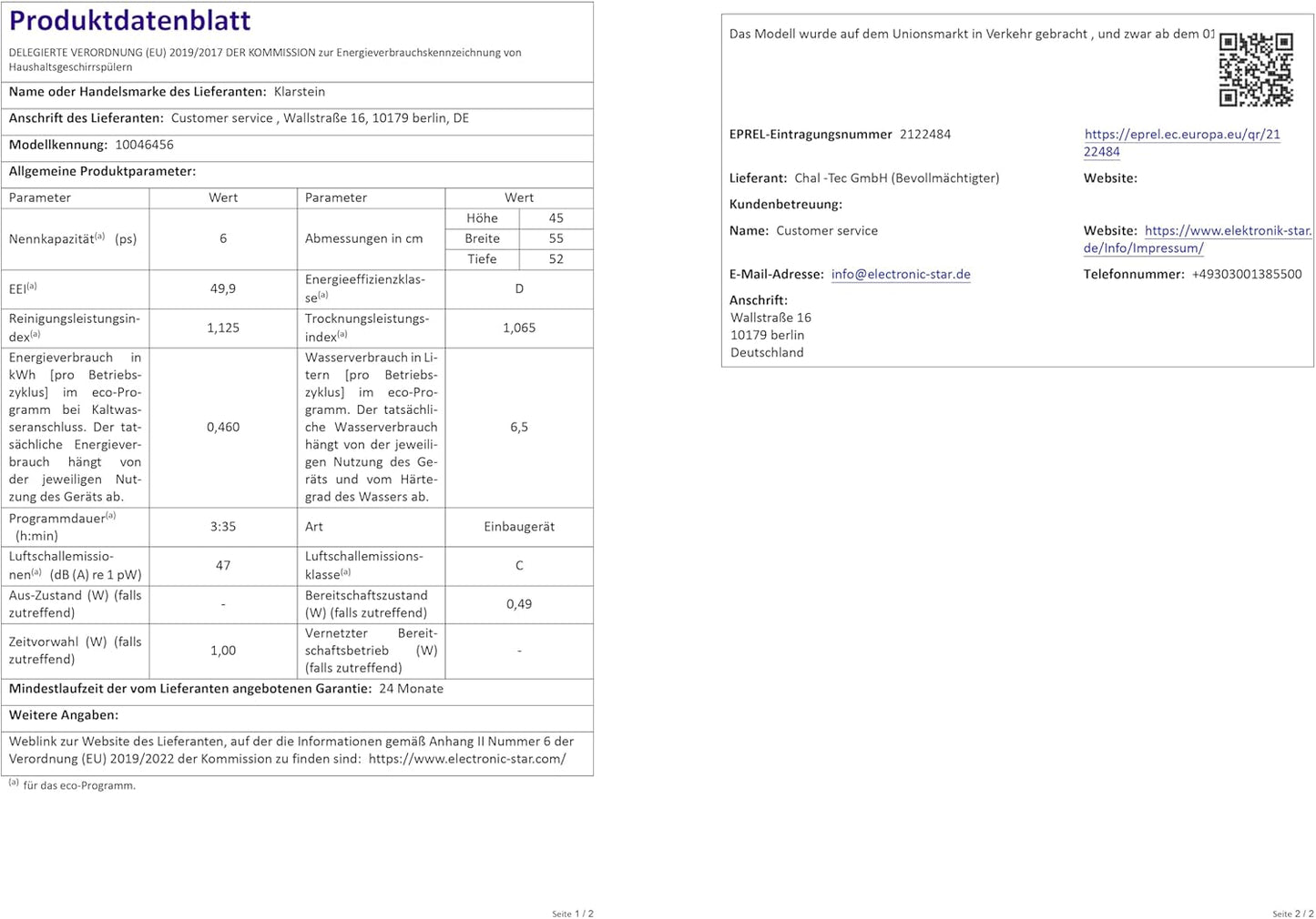 Klarstein Built-in Dishwasher - Compact 45 cm Model, 6 Place Settings, UV Hygiene, AquaStop, Energy Efficiency Class D, Quiet 49 dB, Intuitive Operation