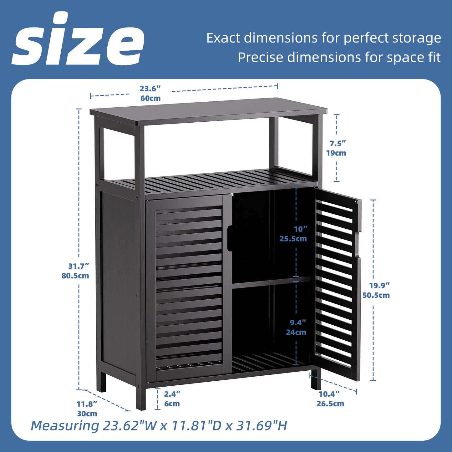 HITNET Bathroom Cabinet Bamboo Black Bathroom Cabinet with 2 Doors Freestanding Cabinet for Bathroom, Living Room and Bedroom