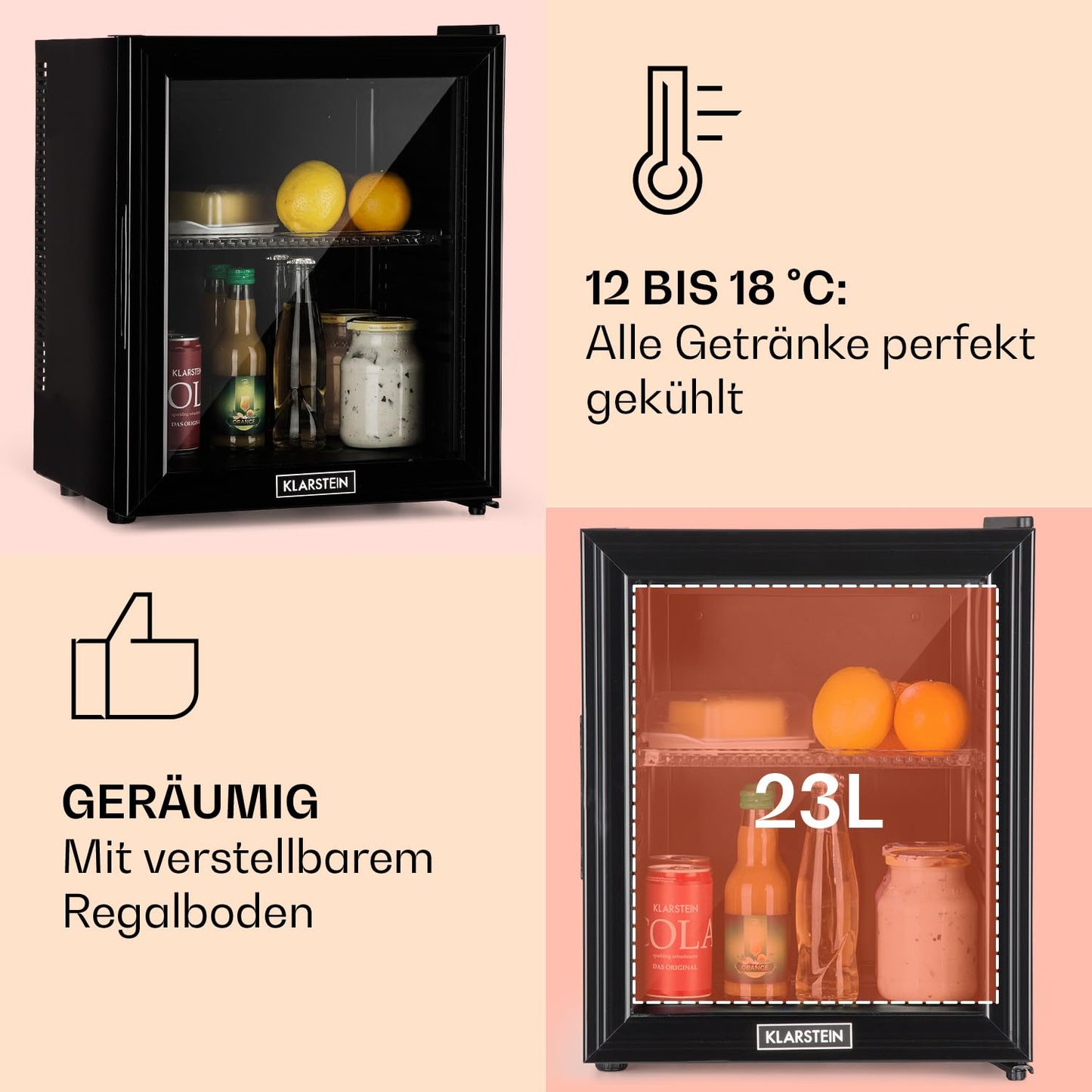 Klarstein Kühlschrank, Mini Kühlschrank mit Glastüre, Mini-Kühlschrank für Getränke, Snacks & Kosmetik, Kühlschrank Klein & Leise, Verstellbare Ablagen, Kleiner Skincare Kühlschrank 12-18°C, 23L