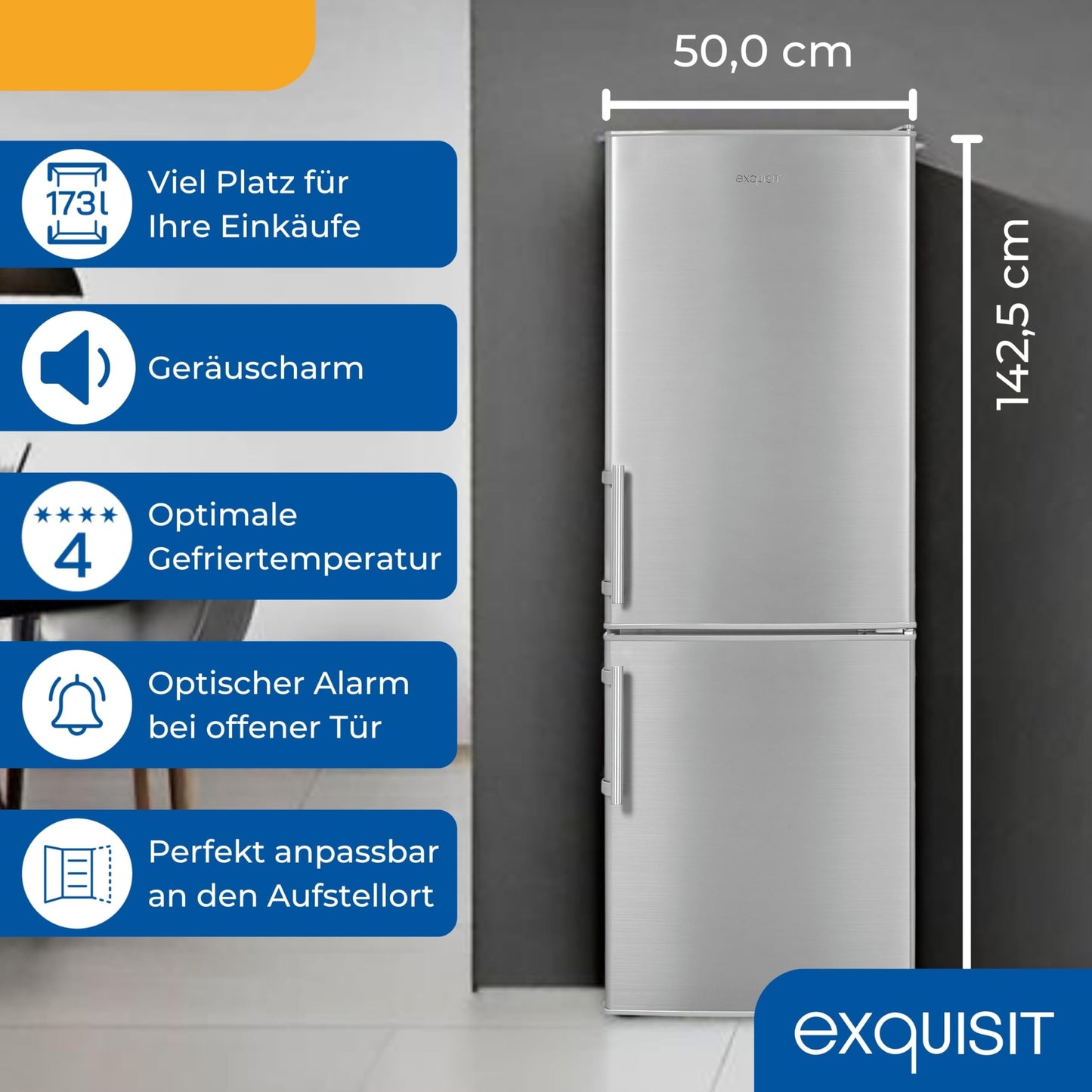Exquisit Kühl-Gefrierkombination, 143 cm Höhe, Kühlschrank mit Gefrierfach, 4-Sterne-Gefrieren, 173 Liter, Alarm-Funktion, Kühl Gefrierkombination freistehend, KGC5233-60-HE-040D weiss