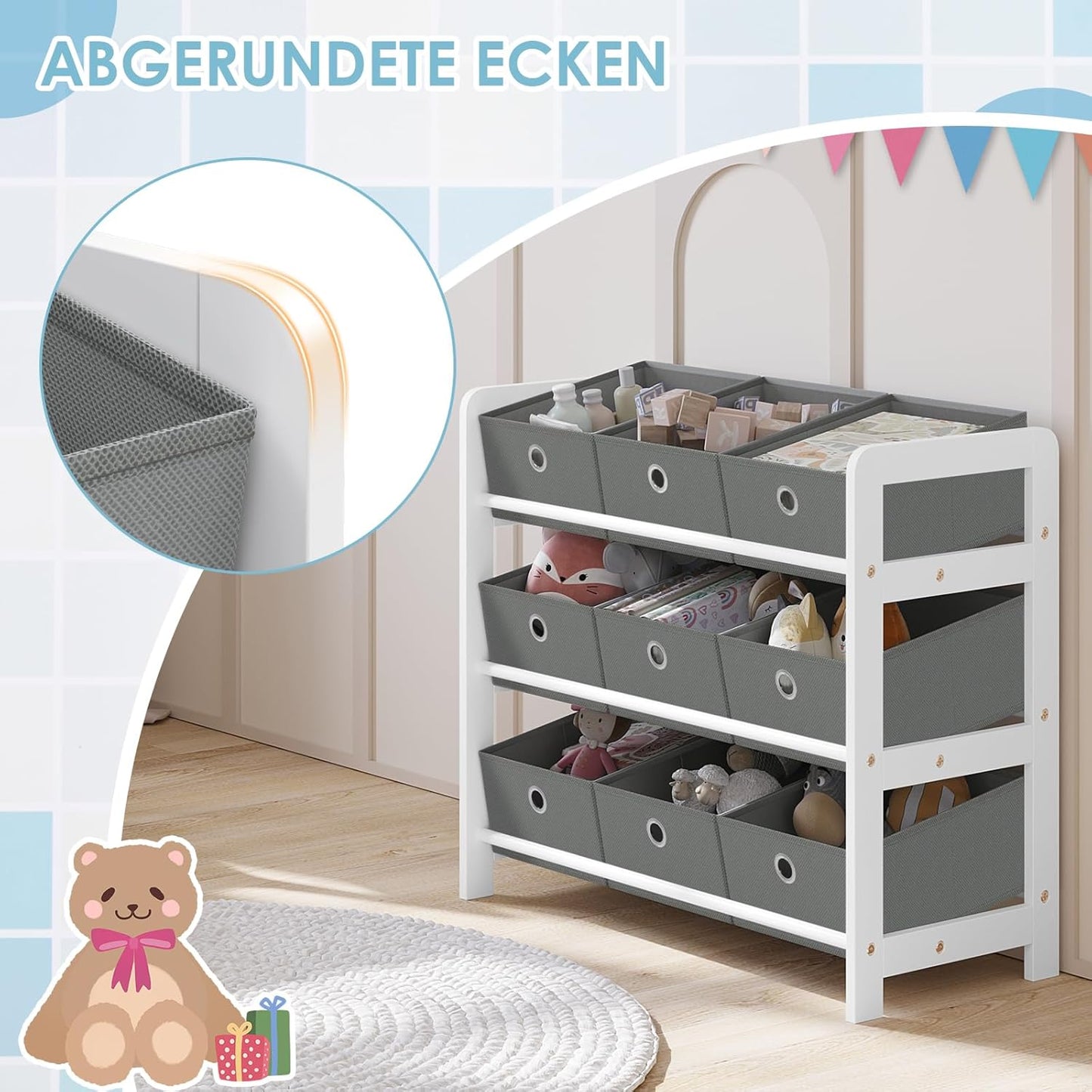 Lestarain Children's Shelf with 9 Boxes, Children's Bookcase, Toy Storage, Montessori Toy Shelf, Children's Room, Playroom, Nursery, 63.5 x 58 x 29.5 cm, Wood, White Grey
