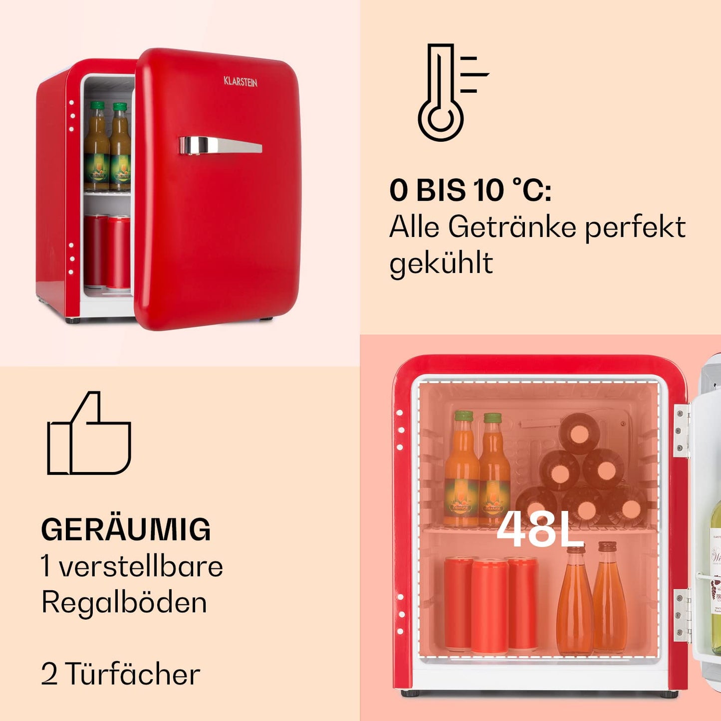 Klarstein Kühlschrank, Mini-Kühlschrank für Getränke, Kühlschrank Klein, Kleiner Kühlschrank Lautlos, Skincare Fridge, Vintage Design, Camping Kühlschrank, Minikühlschrank für Zimmer, 0-10°C, 70 L