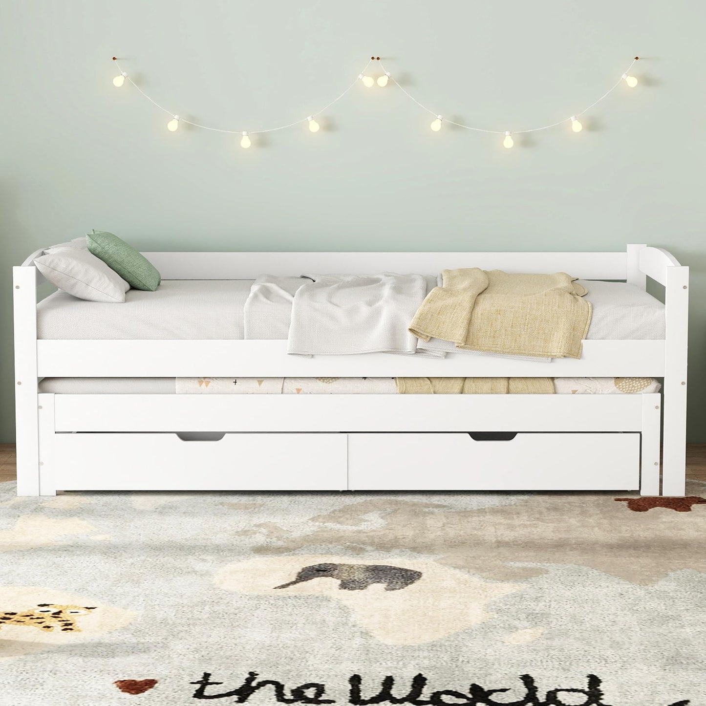 Children's Bed 90 x 200 cm, Wooden Bed with Drawers and Board, Headboard with Bookshelf and Fall Protection, Bed with Slatted Frame and Storage Space, Teenager's Bed, Functional Bed, Wooden Bed Frame,