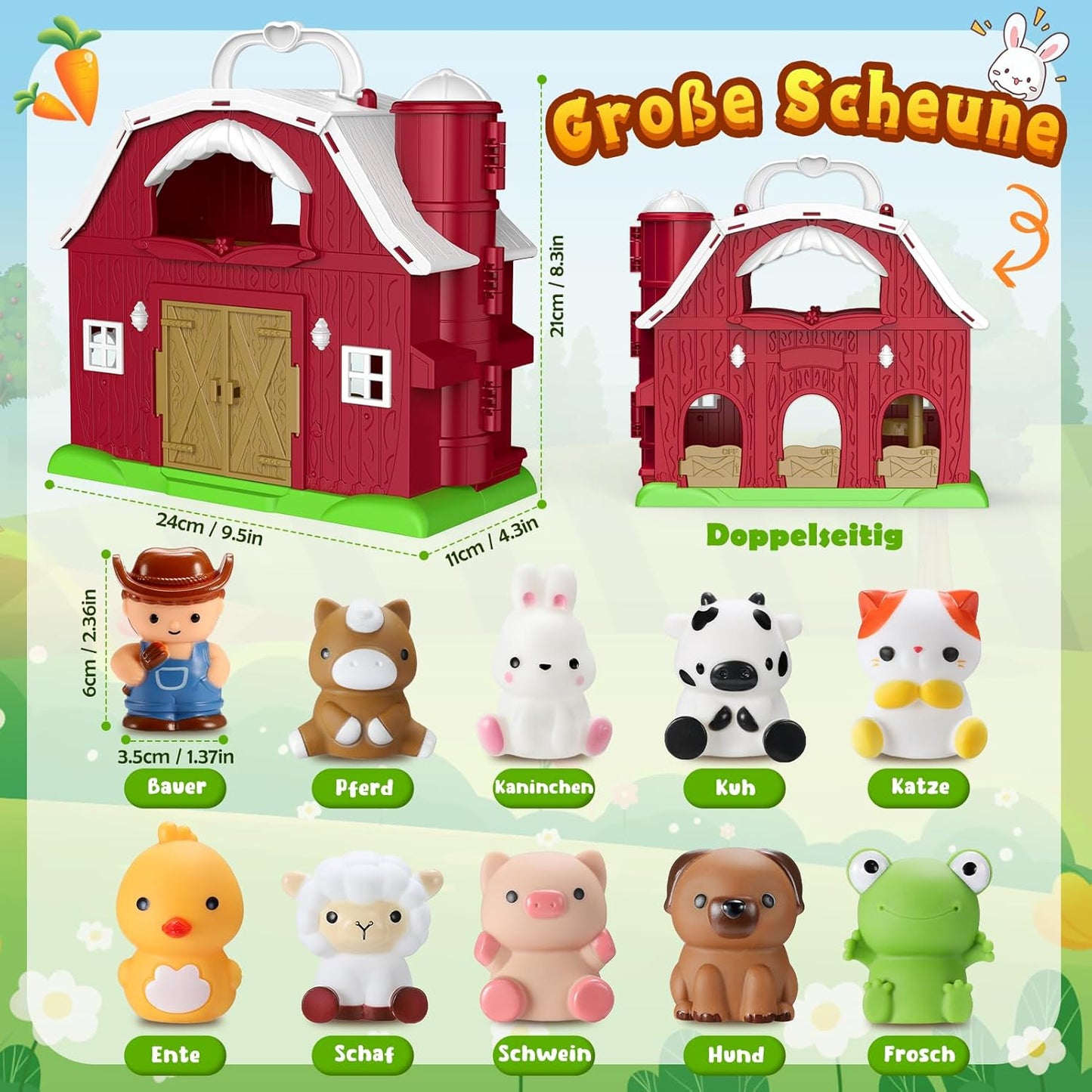 HappyKidsClub Montessori Bauernhof Spielzeug ab 1-4 Jahre, Aufklappbare Scheune Spielhaus für Kleinkinder mit 9 Tieren & Bauer - Pädagogisches Geschenk für Kinder - Baby Lernspielzeug Set