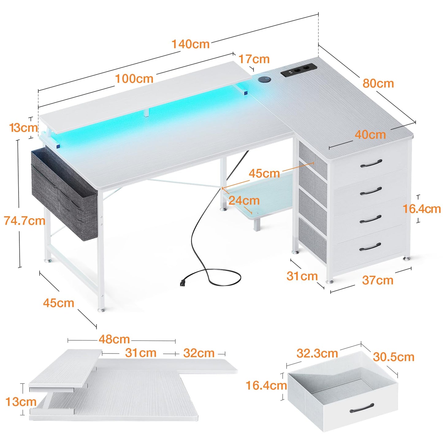 ODK Eckschreibtisch mit 4 Stoff Schubladen, 160x80cm Reversible Schreibtisch L Form mit 2 Steckdosen und 2 USB Ladeanschluss, Gaming Tisch L Form mit LED&Monitorständer für Home Office, Schwarz