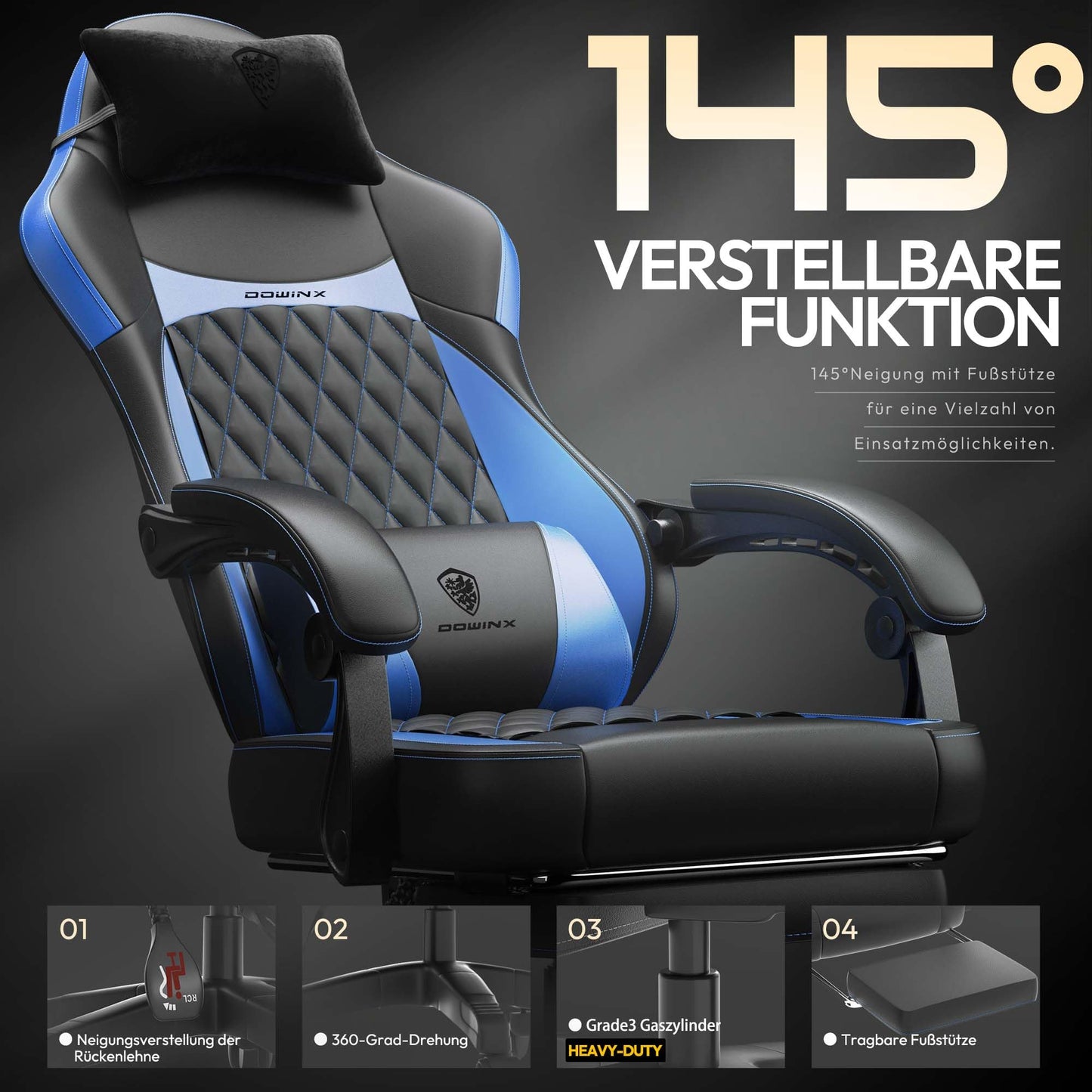 Dowinx Gaming Chair, Racing Gamer Chair, Ergonomic Gaming Chair with Lumbar Support, Gaming Chair, PU Leather, 150 kg, Black Purple