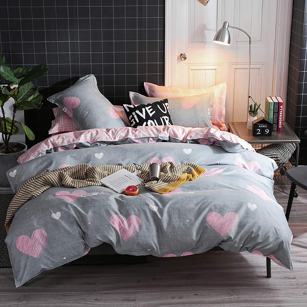 AShanlan Girls' Pink Hearts Children's Bed Linen 135 x 200 cm Pillowcase 80 x 80 cm Grey Pink Reversible Children's Bedding Set 100% Microfibre Duvet Cover with Zip