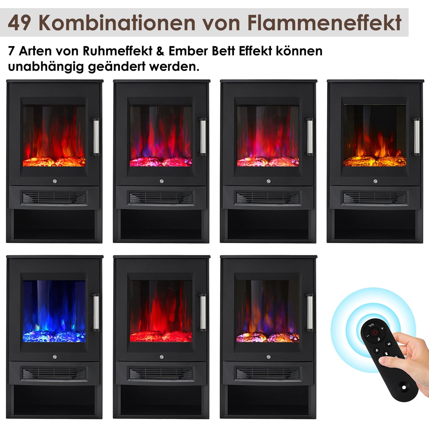 INMOZATA Elektrischer Feuerherd Panorama Freistehender elektrischer Kamin mit 8-farbigem Flammeneffekt und Ember-Bett-Effekt, APP & Fernbedienung, 45° TIPP Over Schutz & Überhitzungsschutz