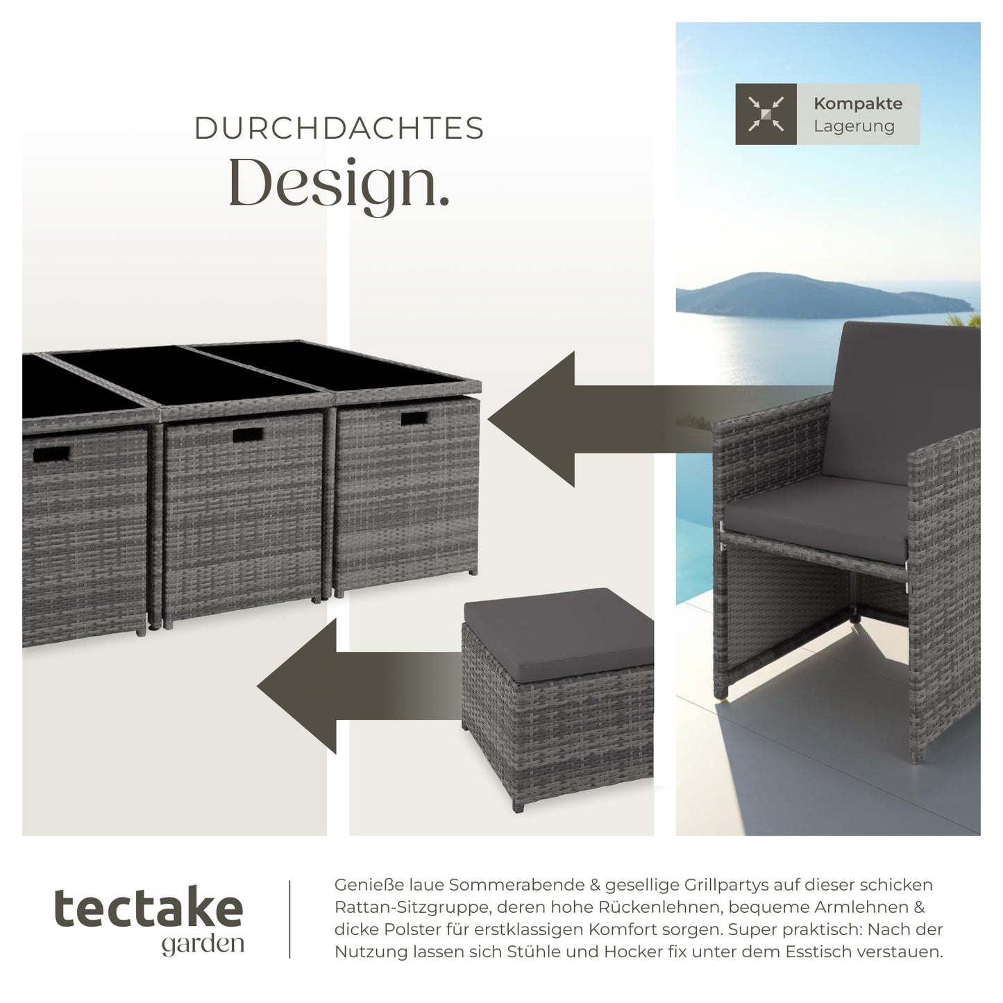 tectake Polyrattan Gartenmöbel Set, Sitzgruppe mit 6 Stühle +1 Glasplatte Tisch + 4 Hocker, Gartenlounge Set klappbar, für bis zu 10 Personen, Balkon Möbel, inkl. 2 Bezugsset - Natur