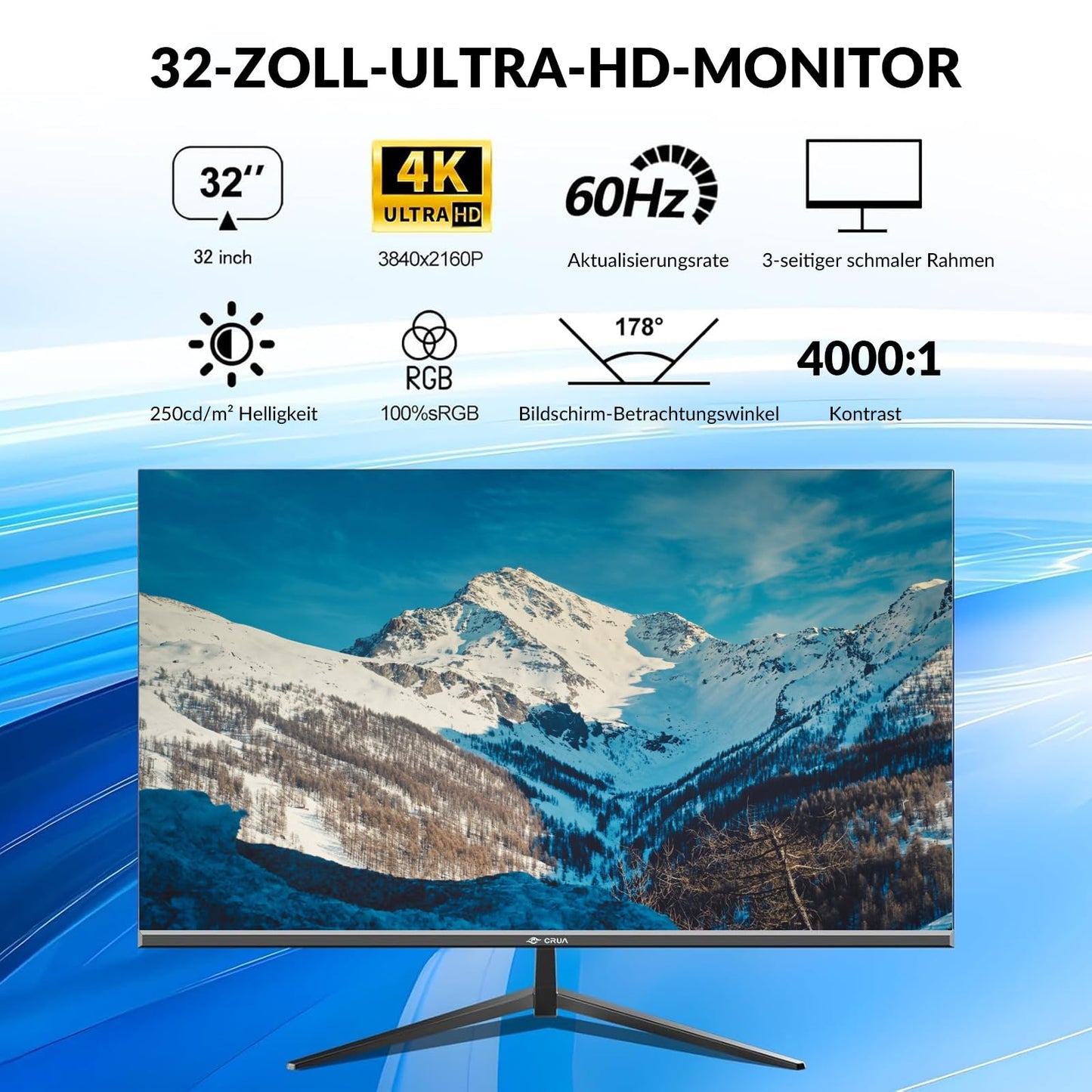 32 Zoll 4K UHD-Monitor (3840 x 2160), IPS, 60 Hz Bildwiederholfrequenz, 100 % sRGB, AMD FreeSync, 178° Betrachtungswinkel, HDMI/DisplayPort, VESA 100 x 100 mm Halterung kompatibel, Neigung einstellbar