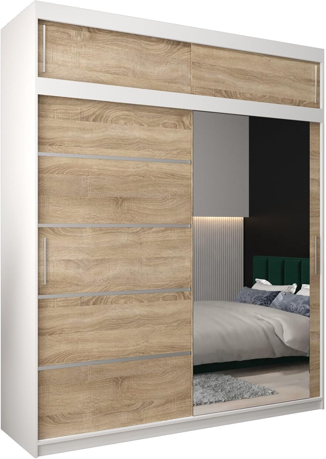 MEBLE KRYSPOL Kleiderschrank mit Spiegel Verona 2 - Garderobenschrank - Schrank Schlafzimmer - Mehrzweckschrank DREI Schiebetüren - Regalen - Flur Möbel - Kleiderstange Schrank - Allzweckschrank