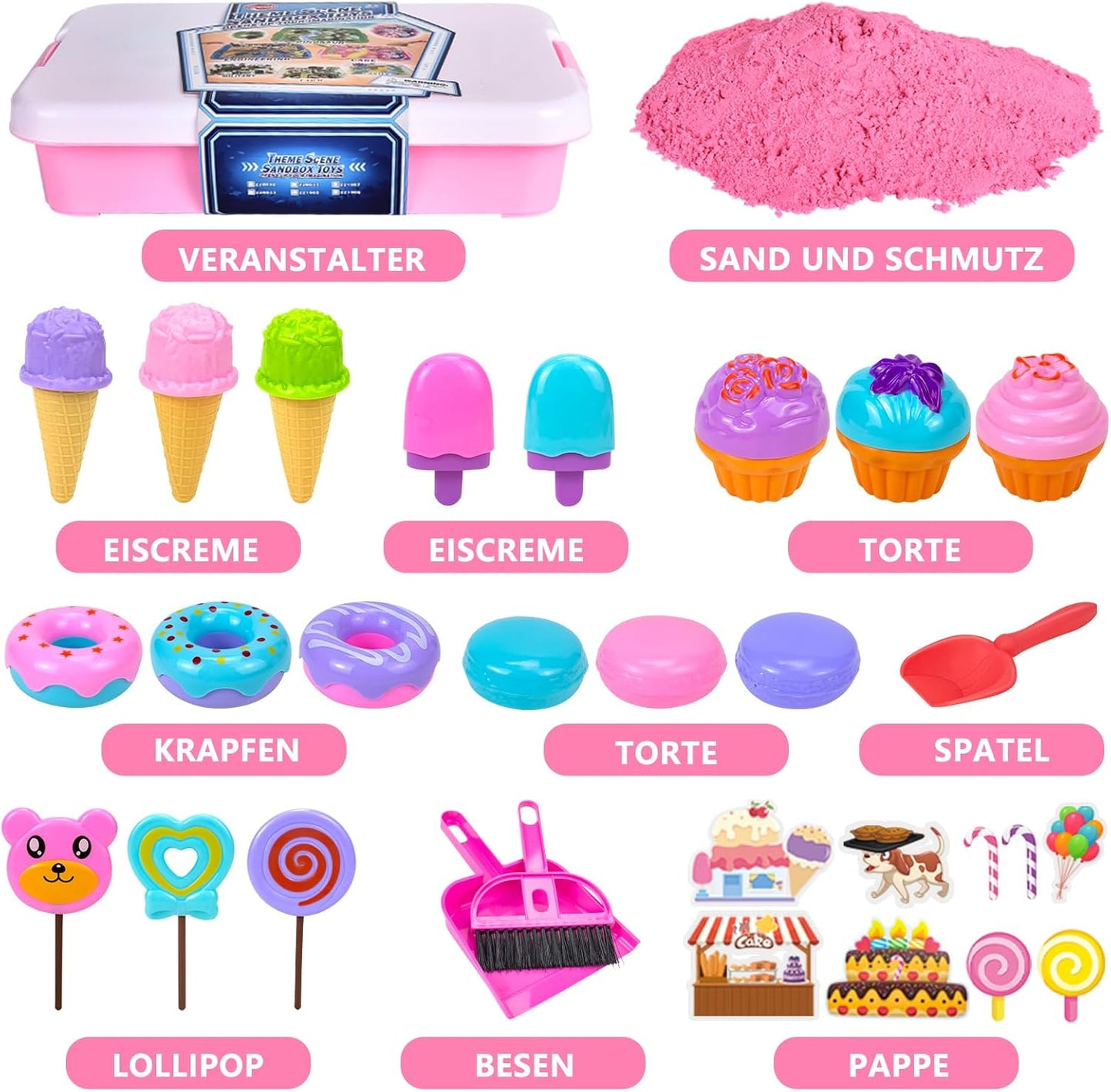 JONRRYIN Sand Sandbox Set, Magic Sand Sensory Sand Toy, Ice Cream Play Sand Sand Toy with 1 kg Kneading Sand and 30 Pieces Accessories, Play Sand Case for Children, Birthday, Christmas Gift
