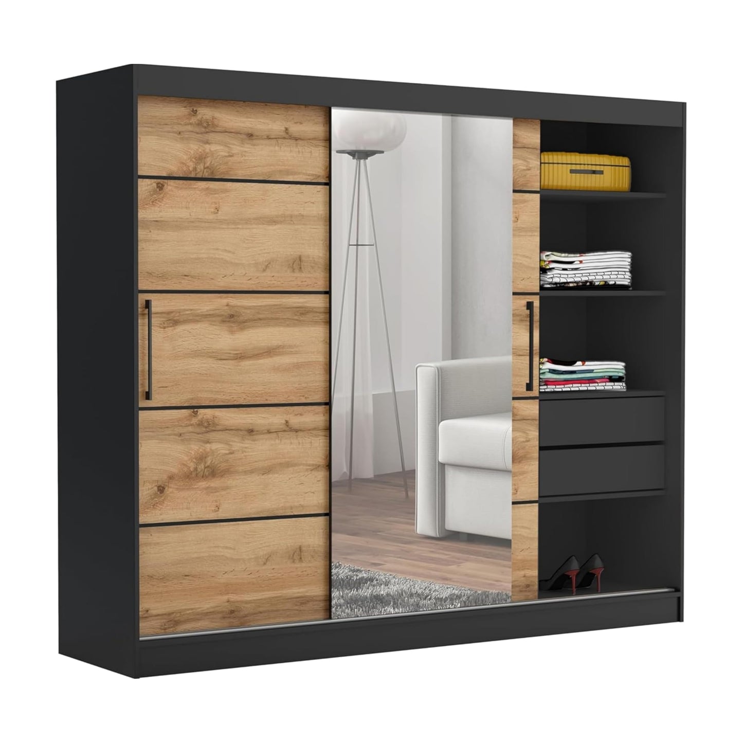 Brent - Kleiderschrank mit Spiegel und Schubladen 235cm Breit Chelsea Tomy, Schwebetürenschrank mit Spiegel, Schlafzimmerschrank, Kleiderschrank Schwarz