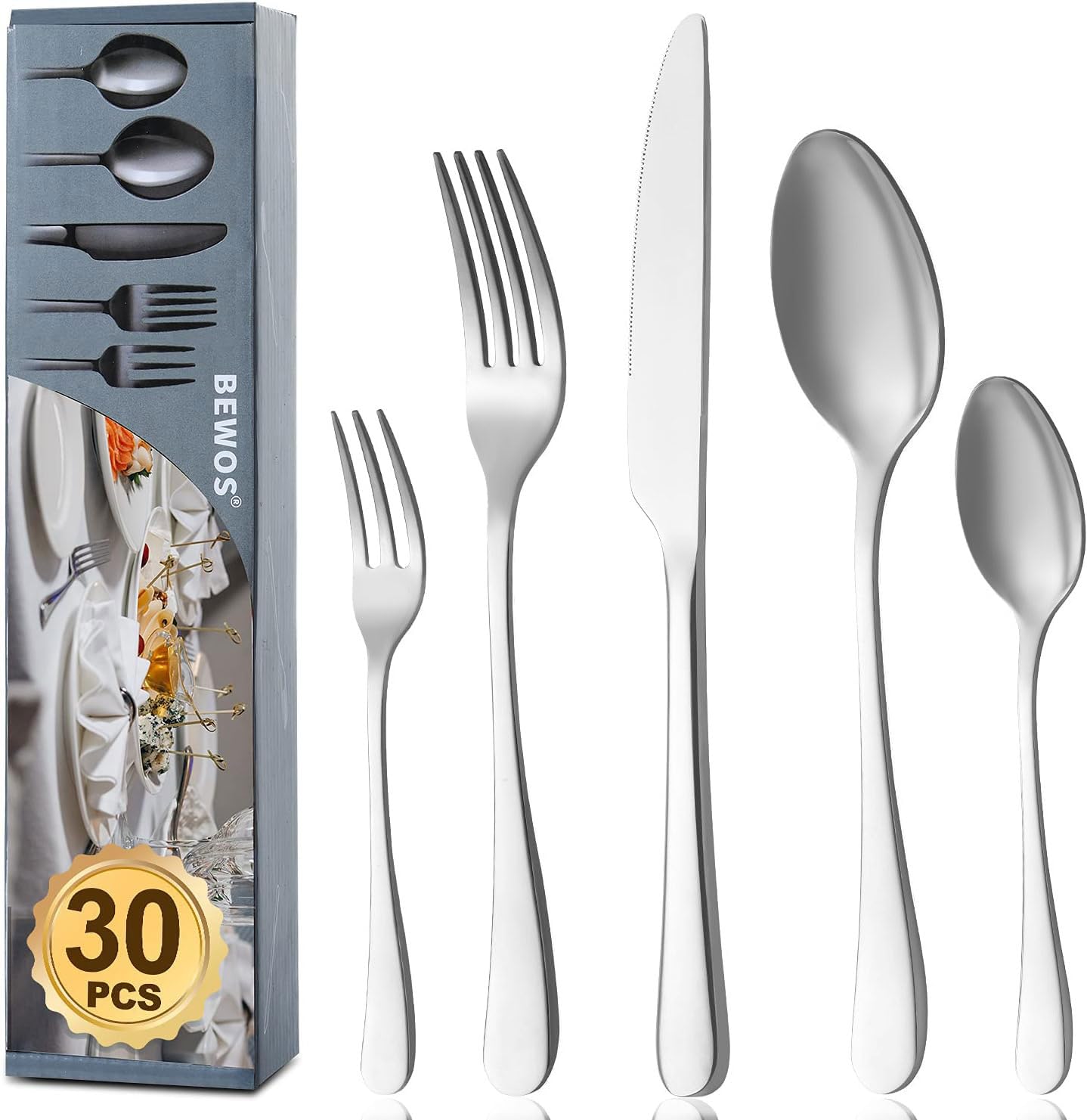 BEWOS Besteckset für 6 Personen, 30-teiliges Besteckset aus Edelstahl, Besteckset aus Silber, inklusive Messer, Gabeln und Löffel, hochglanzpoliert und spülmaschinenfest