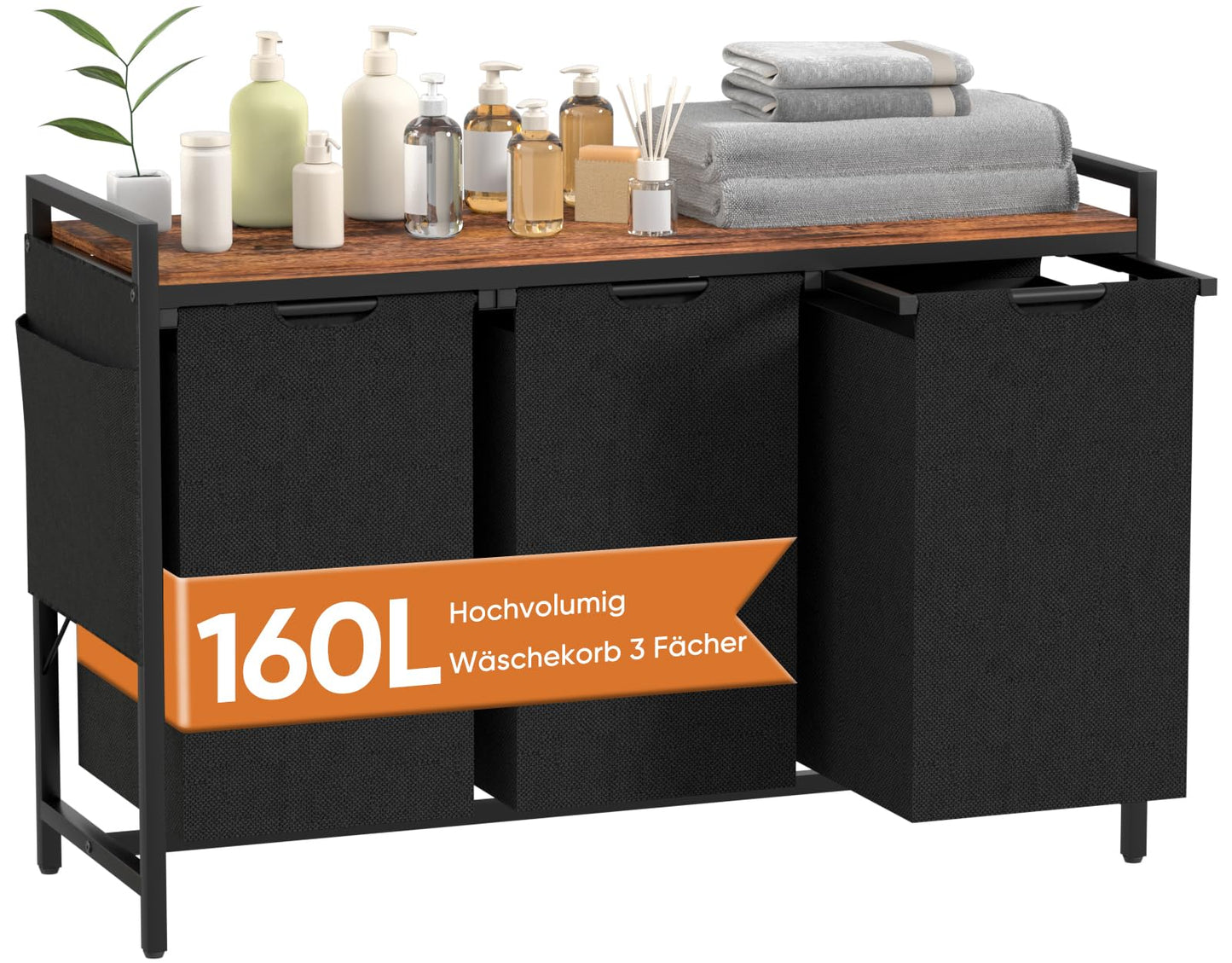 Laundry Basket, 3 Compartments, Laundry Hamper with Shelf, Total Capacity 160 L, Oxford Fabric Laundry Bag, Extendable, Removable, Laundry Box with Side Pockets and X-Shape Holder (3