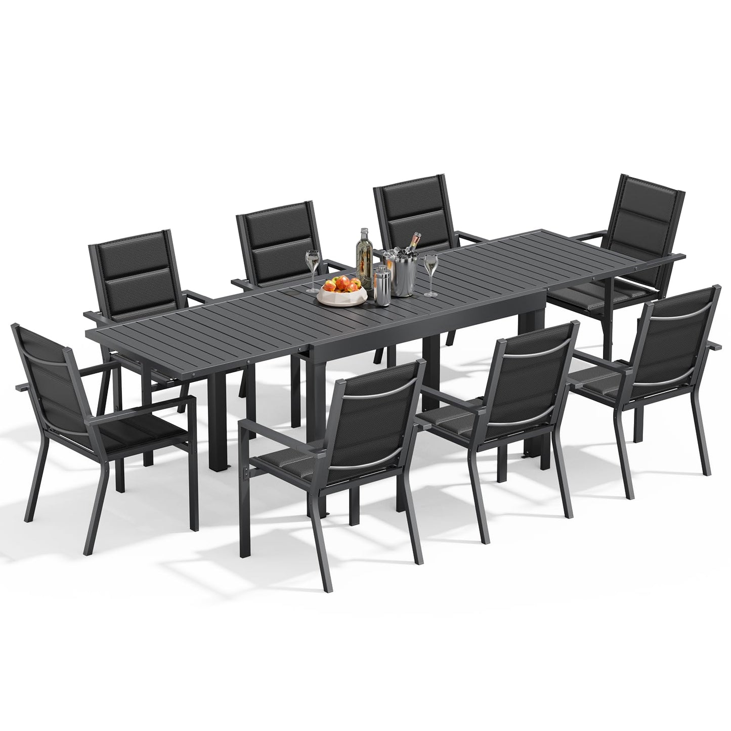 Devoko Garden Furniture Set for 8 People, 8 + 1 Aluminium Table and Chairs Set, Balcony Furniture, 8 Stackable Garden Chairs and 1 130/260 cm Stretchy Garden Table, Patio Furniture Sets Outdoor