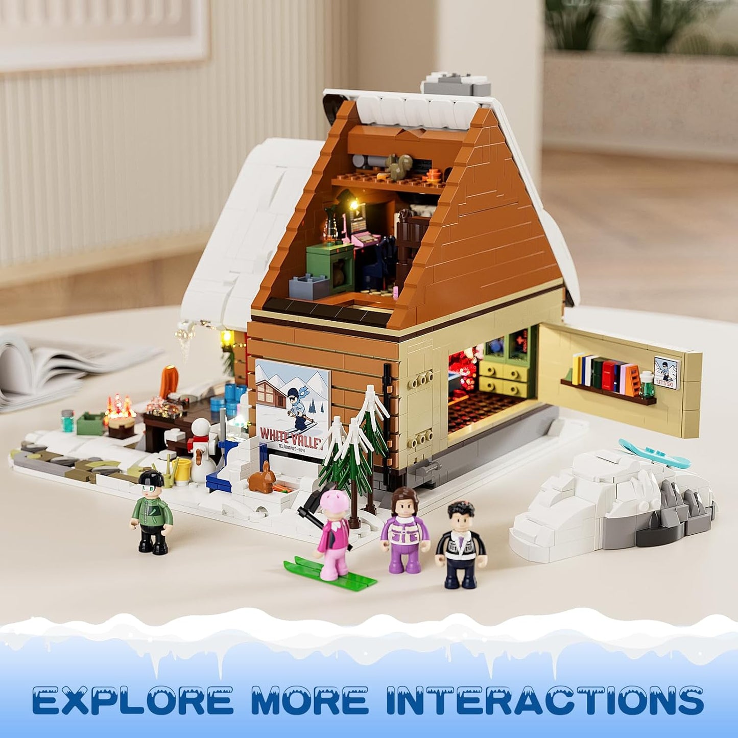 FUNWHOLE Christmas Ski House Building Blocks Set with LED Light, 2187 Pieces Ski Lodge Building Blocks Snow Hut Toy Modular Building Blocks Clamping Blocks for Adults and Teenagers