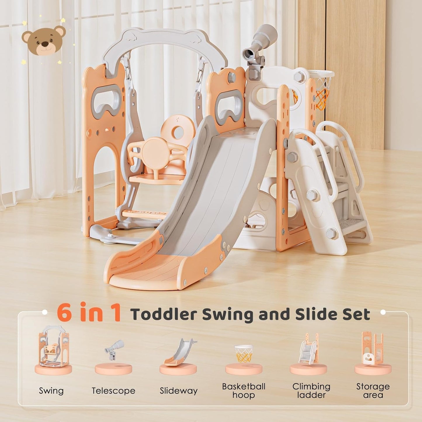 Children's Slide, Large Toddler Slide with Basketball Hoop, Climbing Frame for the Garden, Telescope, Storage Space, for 1-3 Years, Extra Long 1700 mm (7-in-1 Elk Slide Active Model (Khaki)))