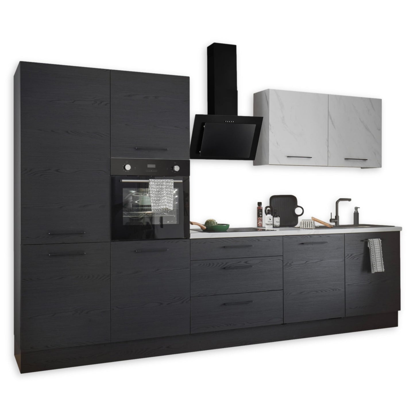 NEW YORK Moderne Küchenzeile ohne Elektrogeräte in Graphit Schwarz, Marmor Optik FSC-zertifiziert - Geräumige Einbauküche mit viel Stauraum - 320 x 210 x 60 cm (B/H/T)